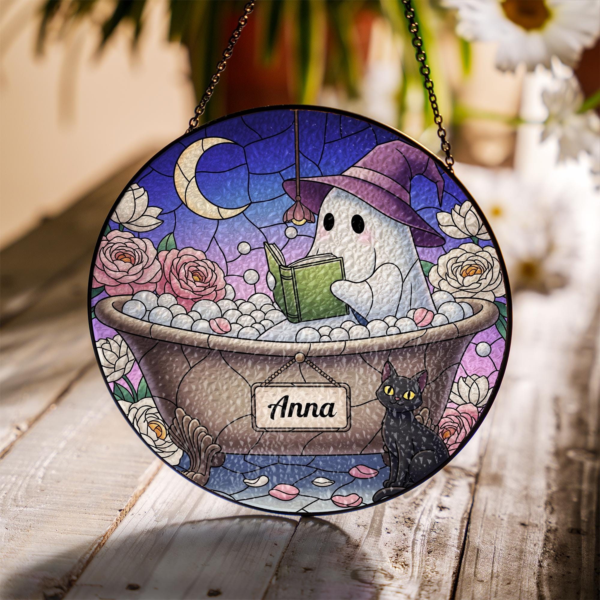Custom Ghost Suncatcher | Faux Stained Glass Window Hanging | Witchy Cat Moon Decor | Personalized Halloween Gothic Gift