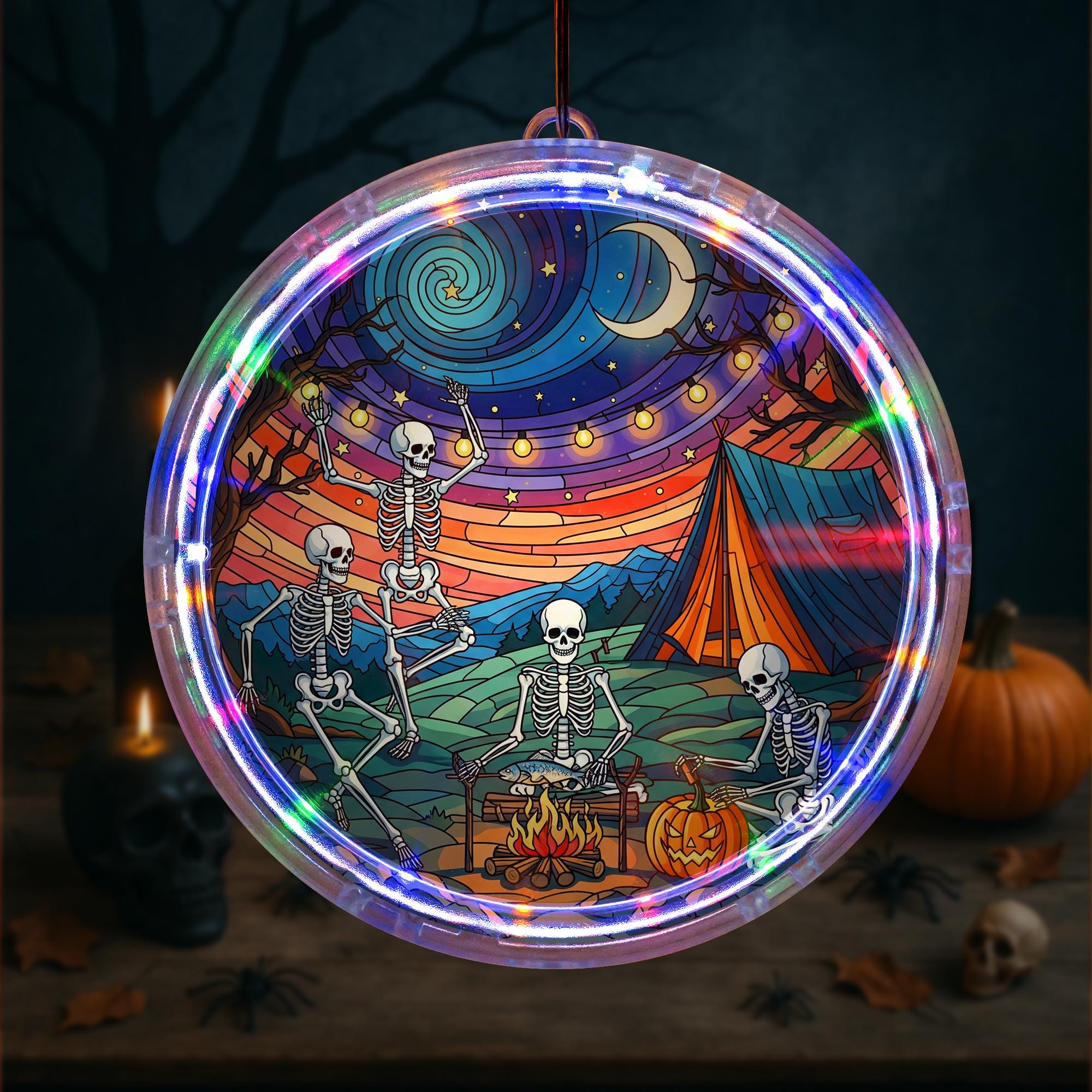 Halloween Skeleton LED Hanging | Spooky Campfire Light Up Decor | Gothic Haunted House Ornament | Skeleton Party Wall Hanging