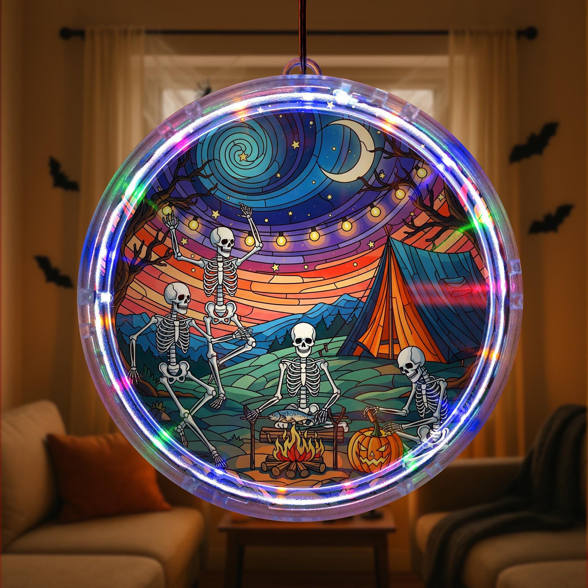Halloween Skeleton LED Hanging | Spooky Campfire Light Up Decor | Gothic Haunted House Ornament | Skeleton Party Wall Hanging