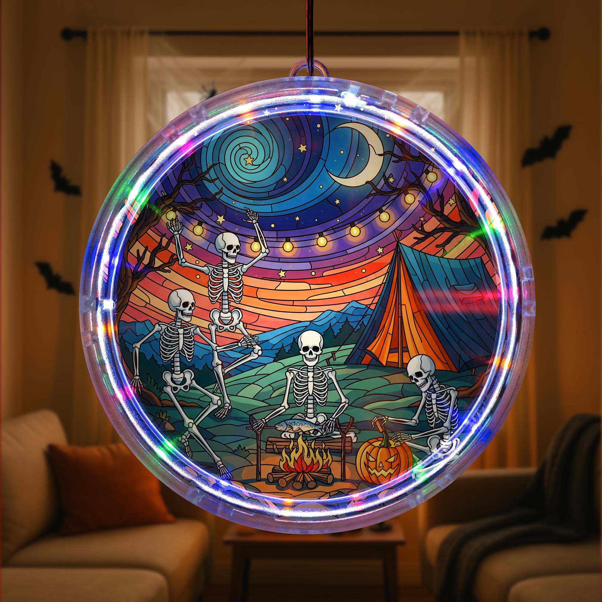 Halloween Skeleton LED Hanging | Spooky Campfire Light Up Decor | Gothic Haunted House Ornament | Skeleton Party Wall Hanging