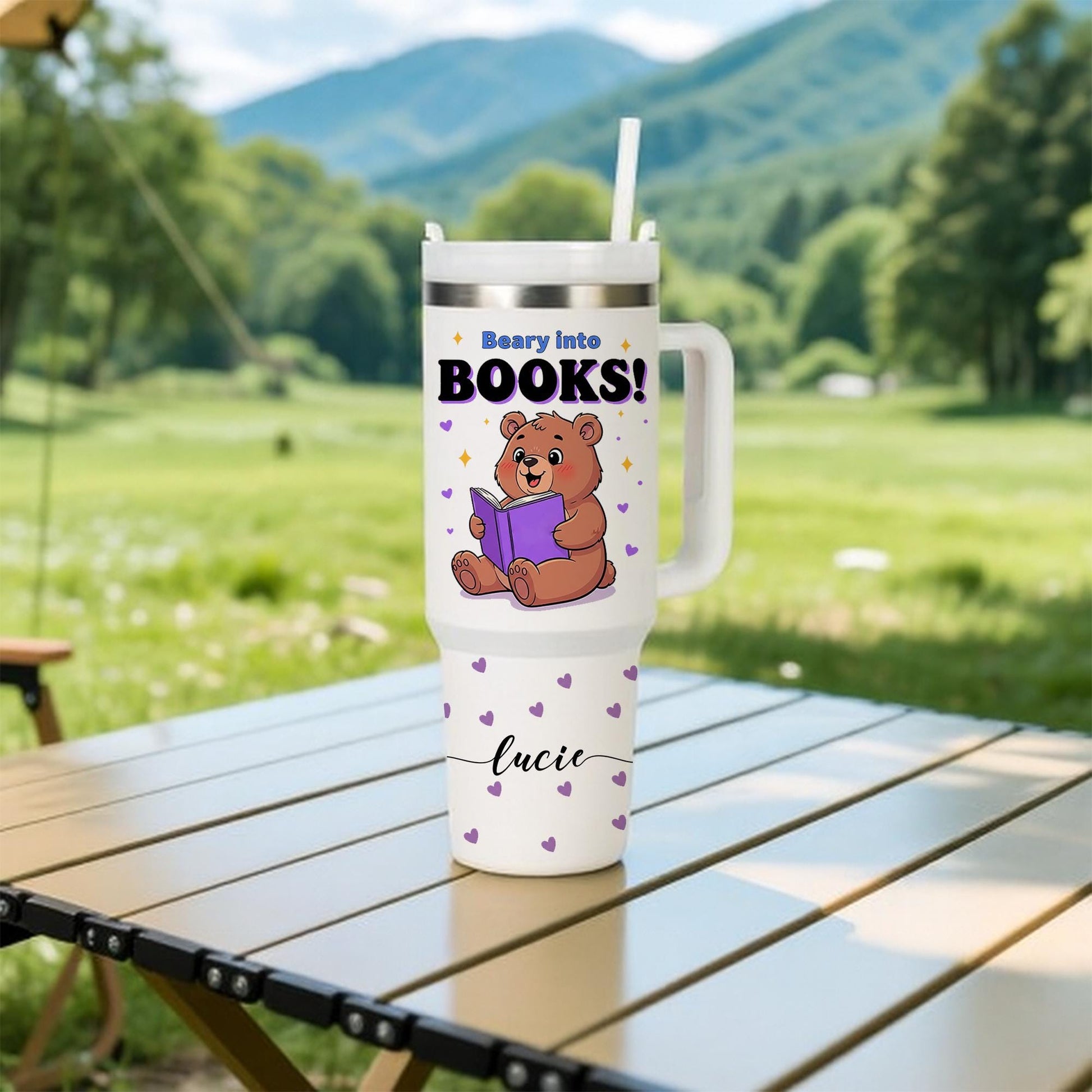 40 oz Book Lover Bear Tumbler with Handle & Straw – Beary Into Books Personalized Travel Mug, Cute Reading Gift for Teachers and Readers