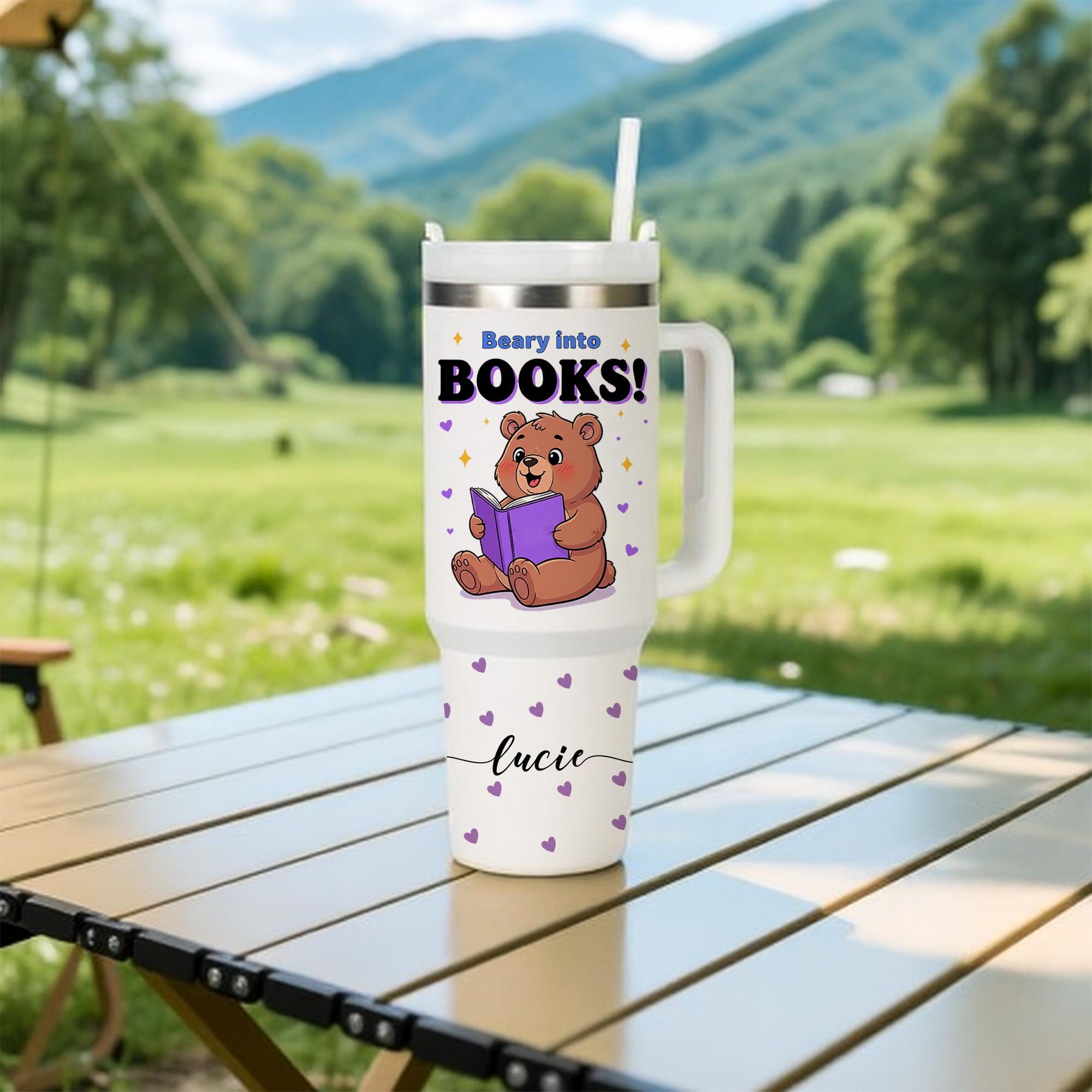 40 oz Book Lover Bear Tumbler with Handle & Straw – Beary Into Books Personalized Travel Mug, Cute Reading Gift for Teachers and Readers
