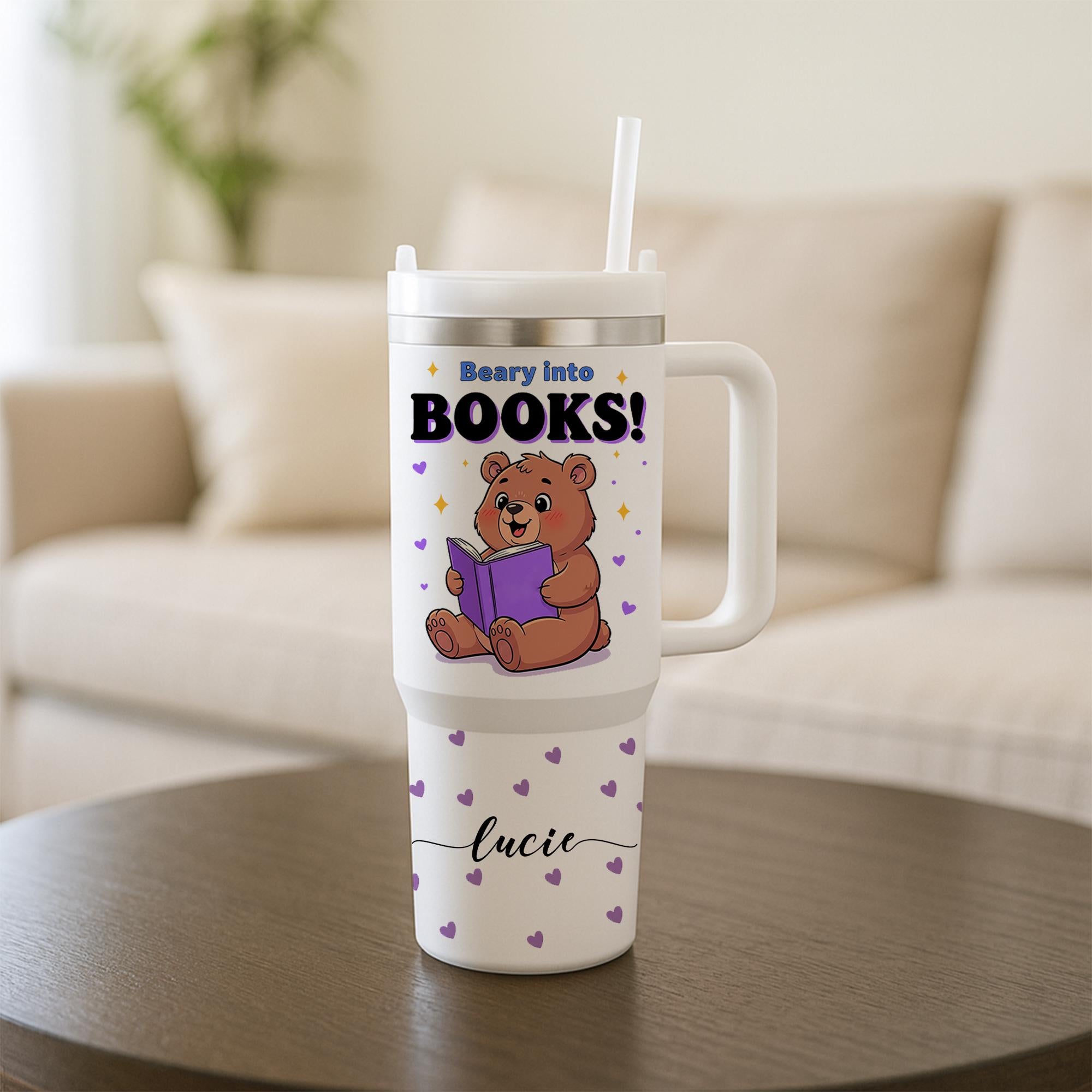 40 oz Book Lover Bear Tumbler with Handle & Straw – Beary Into Books Personalized Travel Mug, Cute Reading Gift for Teachers and Readers
