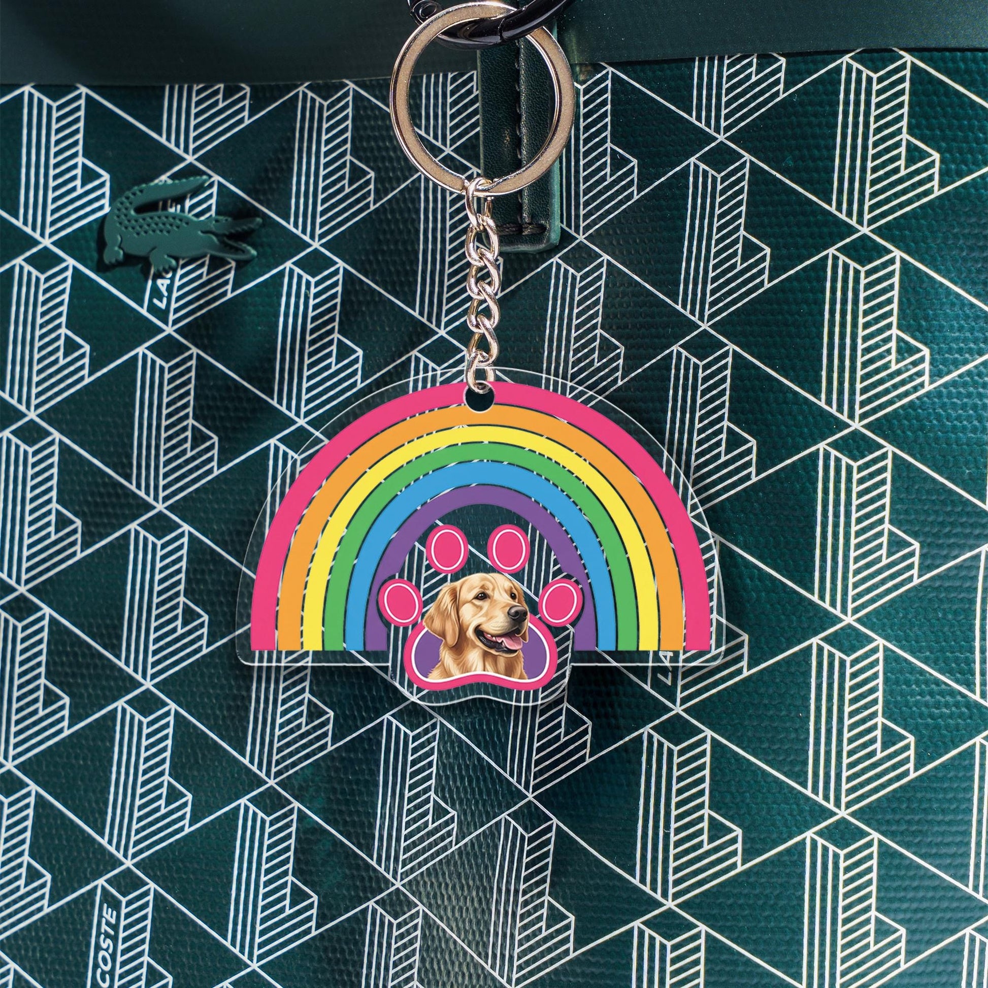 Custom Pet Photo Keychain: Rainbow Paw Print Acrylic Keyring
