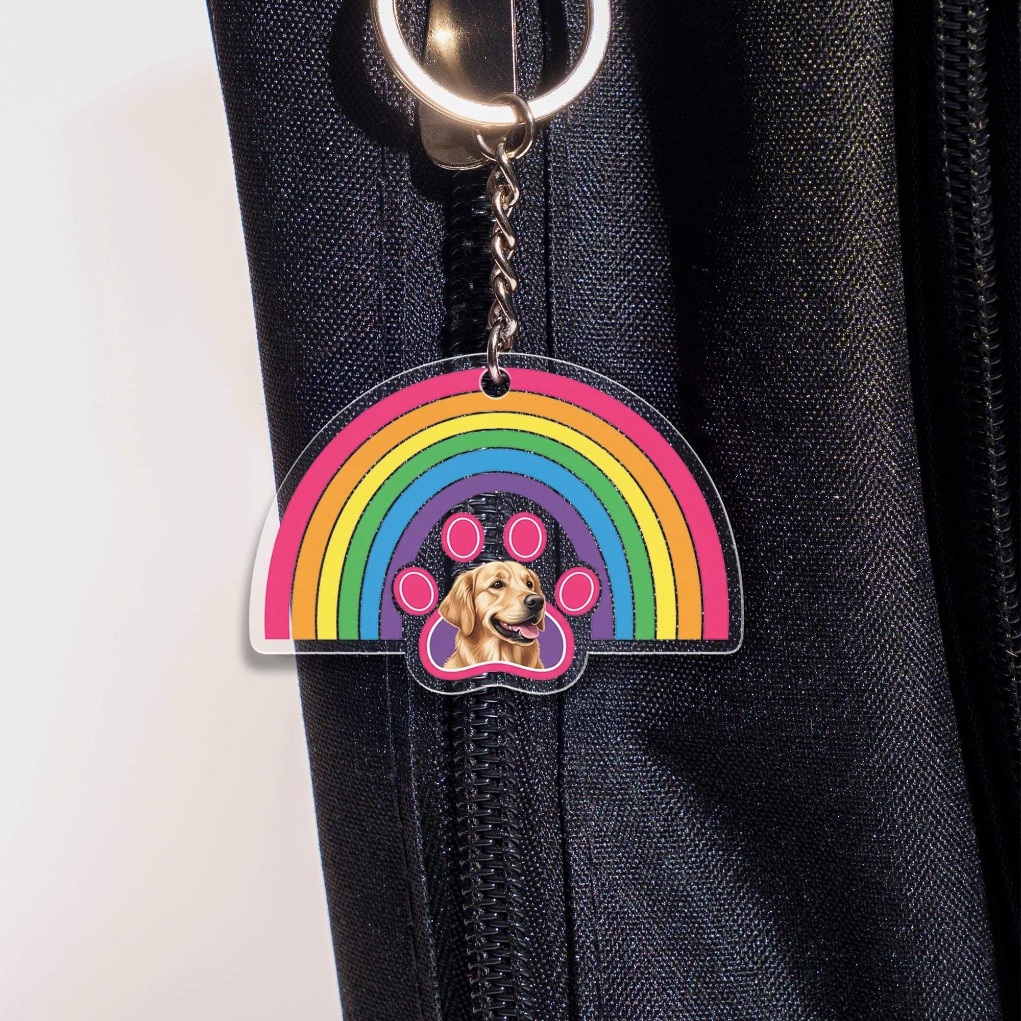 Custom Pet Photo Keychain: Rainbow Paw Print Acrylic Keyring
