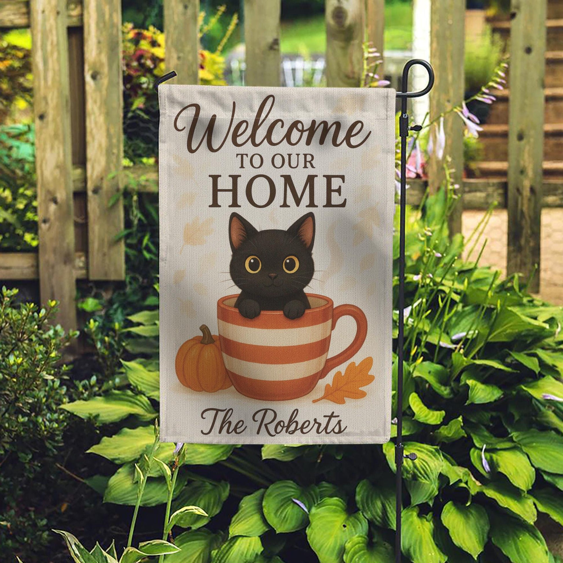 Welcome to Our Home Cat Garden Flag, Personalized Fall Pumpkin Cup Black Kitten Welcome Flag Outdoor Fall Decor, Cat Garden Flag