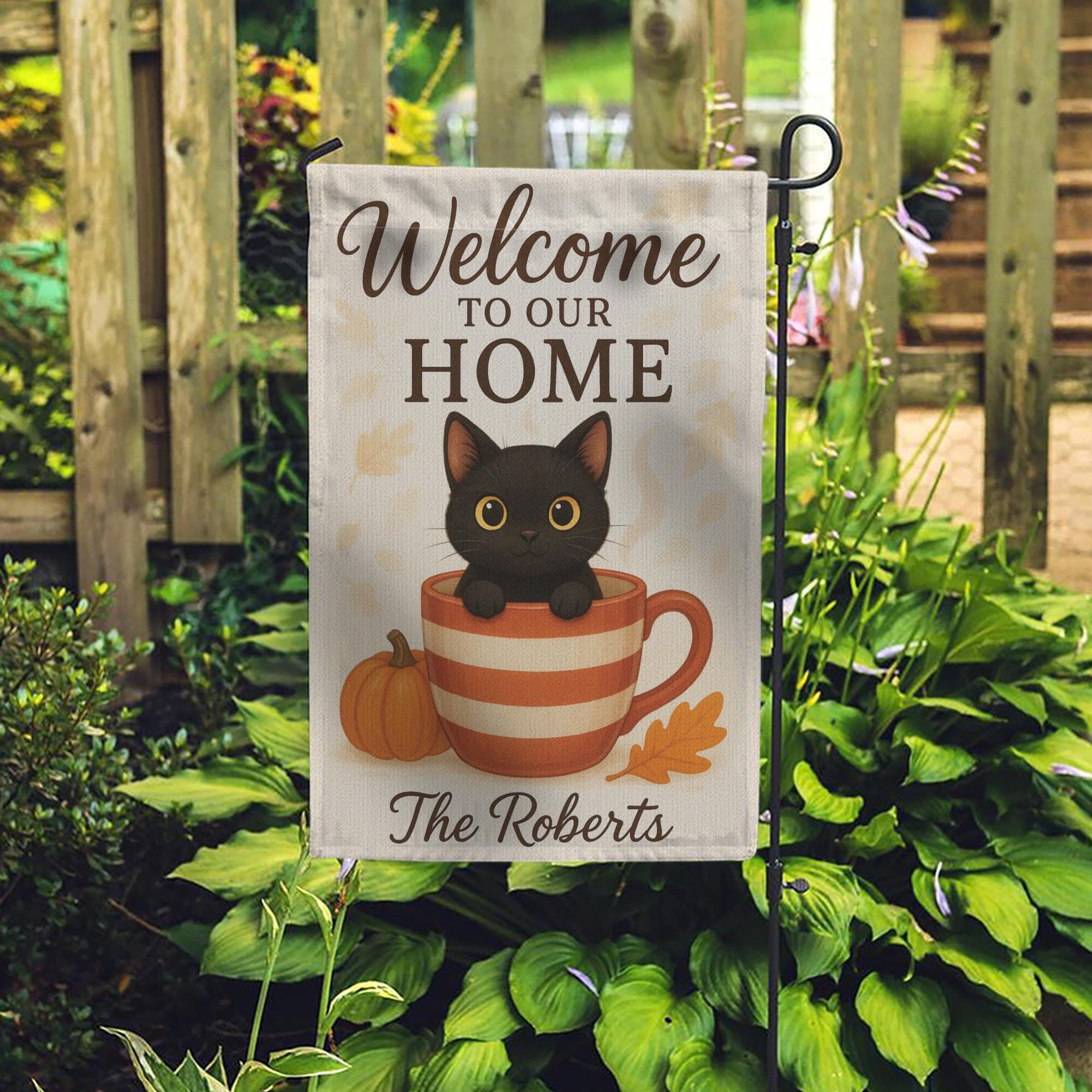 Welcome to Our Home Cat Garden Flag, Personalized Fall Pumpkin Cup Black Kitten Welcome Flag Outdoor Fall Decor, Cat Garden Flag