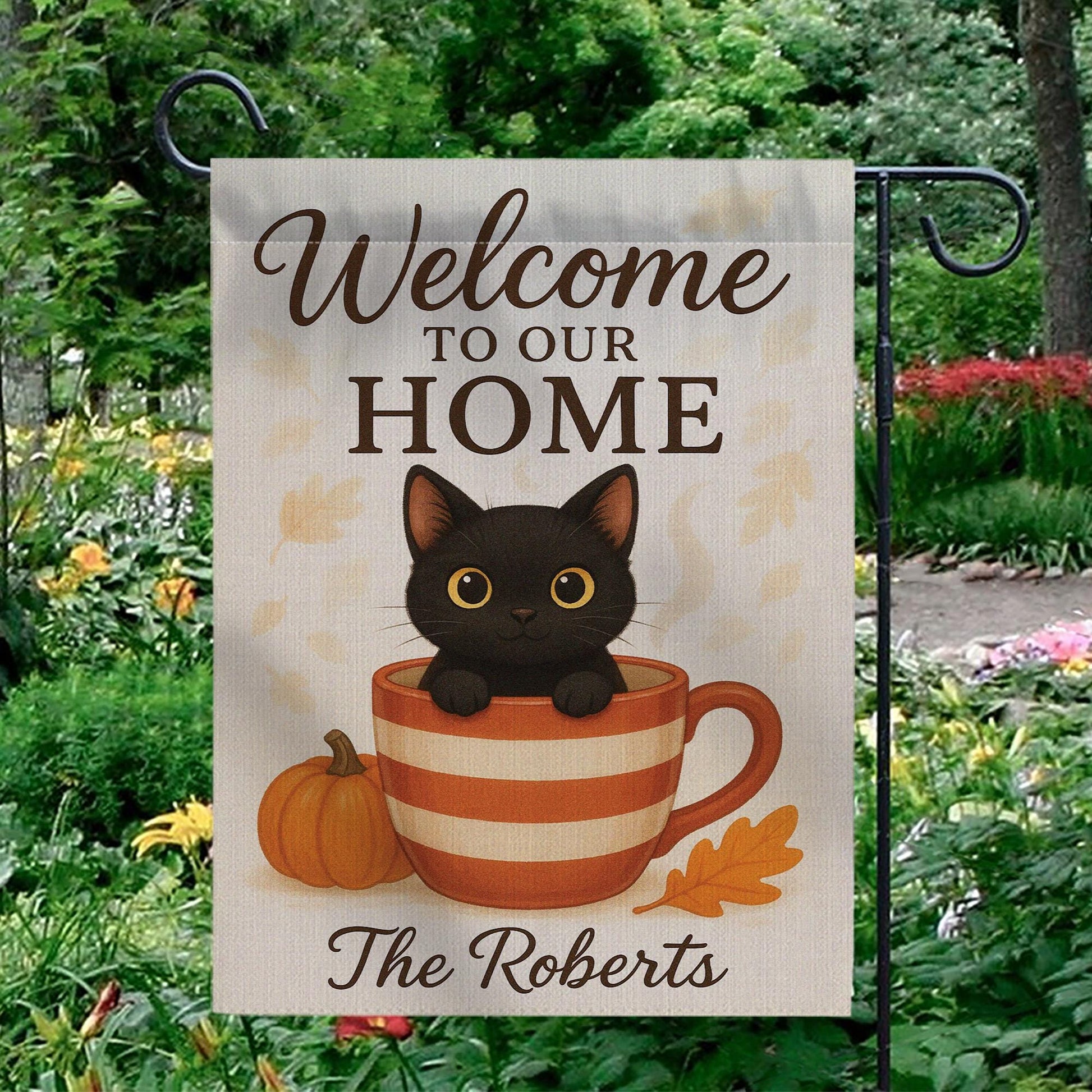 Welcome to Our Home Cat Garden Flag, Personalized Fall Pumpkin Cup Black Kitten Welcome Flag Outdoor Fall Decor, Cat Garden Flag