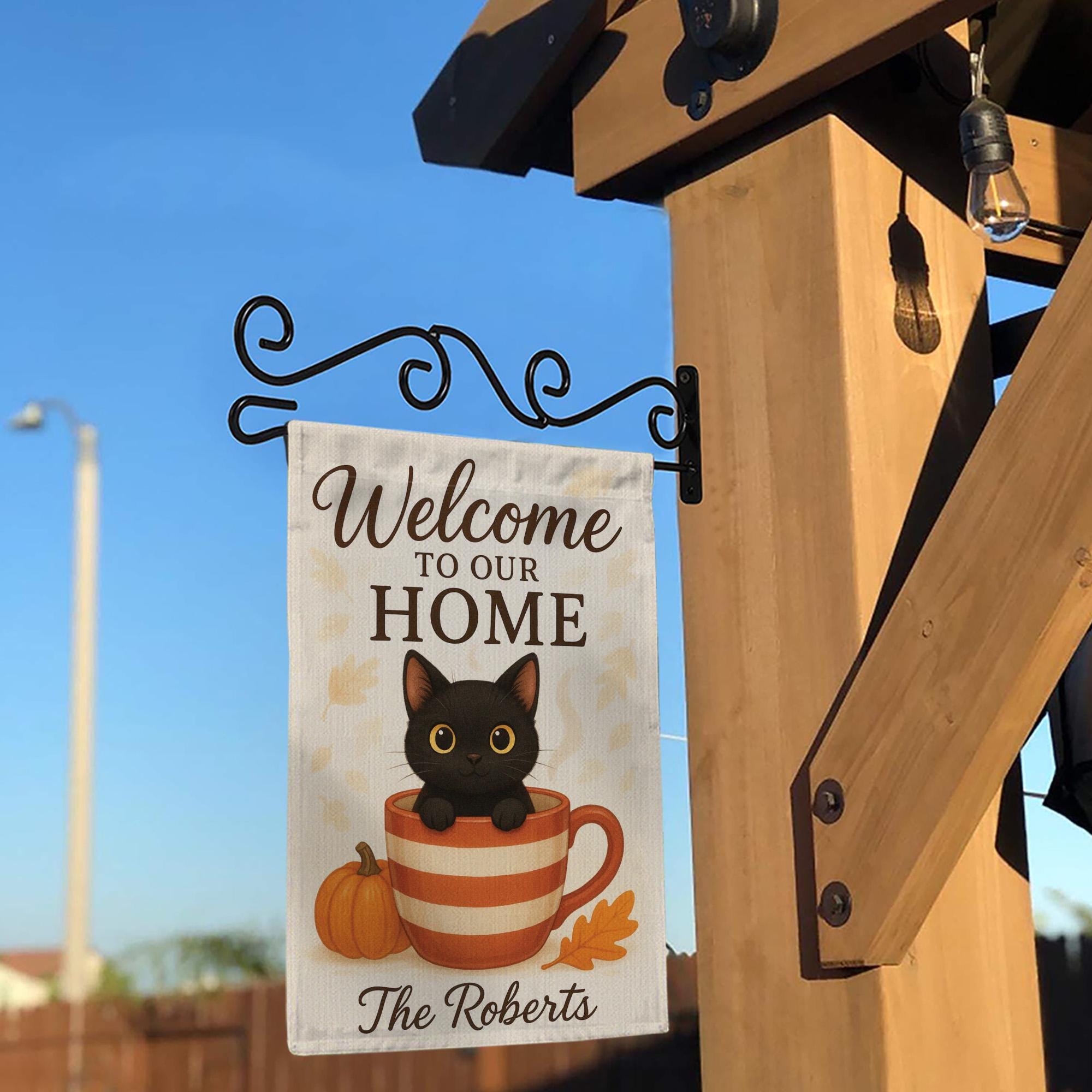 Welcome to Our Home Cat Garden Flag, Personalized Fall Pumpkin Cup Black Kitten Welcome Flag Outdoor Fall Decor, Cat Garden Flag