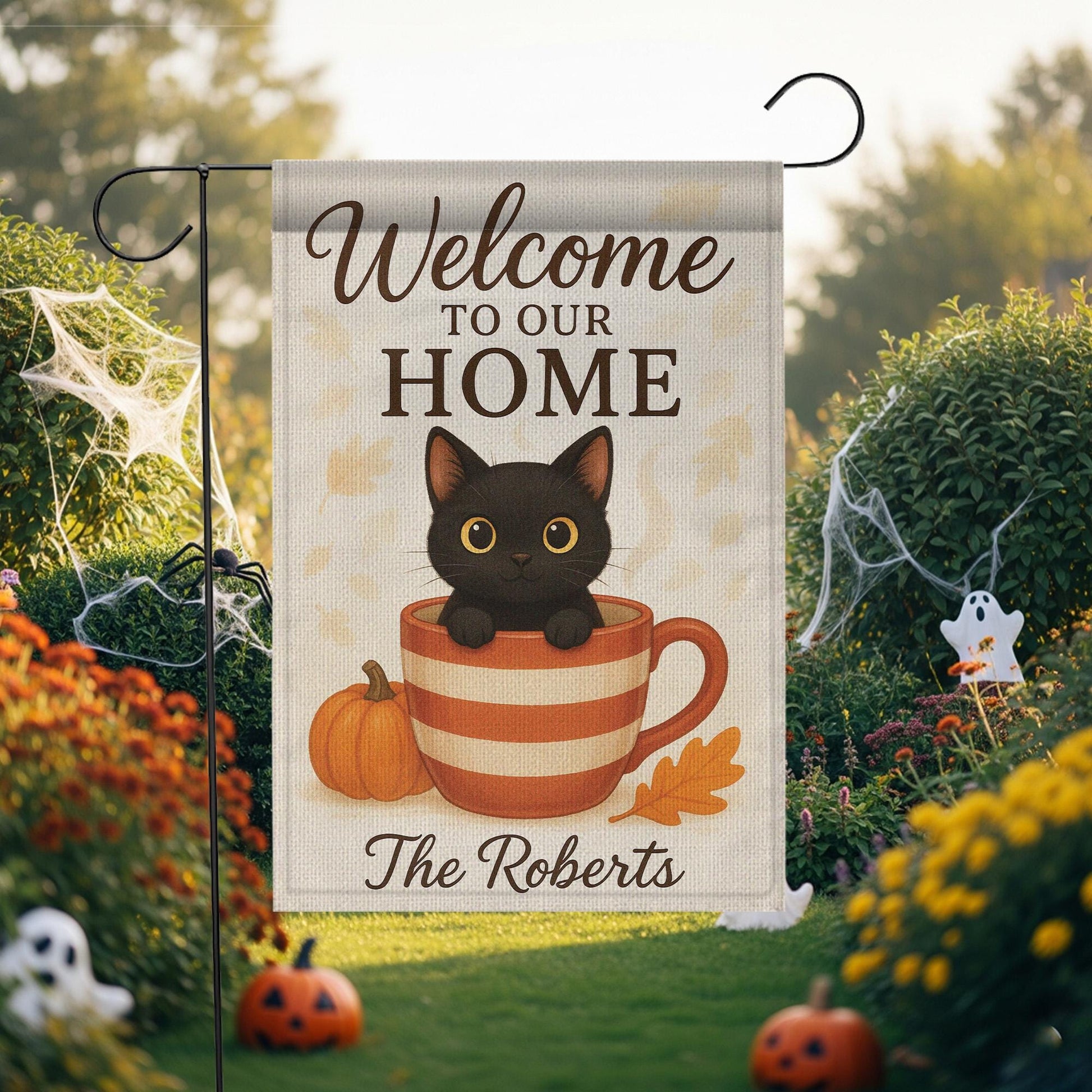 Welcome to Our Home Cat Garden Flag, Personalized Fall Pumpkin Cup Black Kitten Welcome Flag Outdoor Fall Decor, Cat Garden Flag