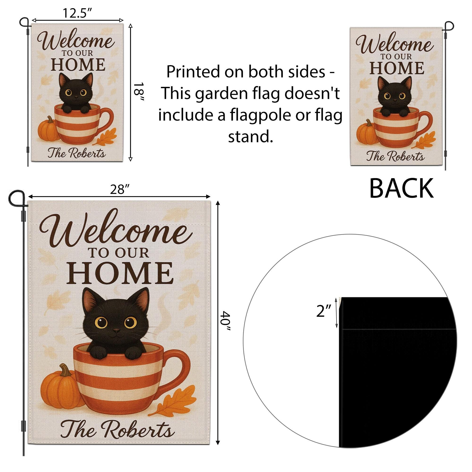 Welcome to Our Home Cat Garden Flag, Personalized Fall Pumpkin Cup Black Kitten Welcome Flag Outdoor Fall Decor, Cat Garden Flag