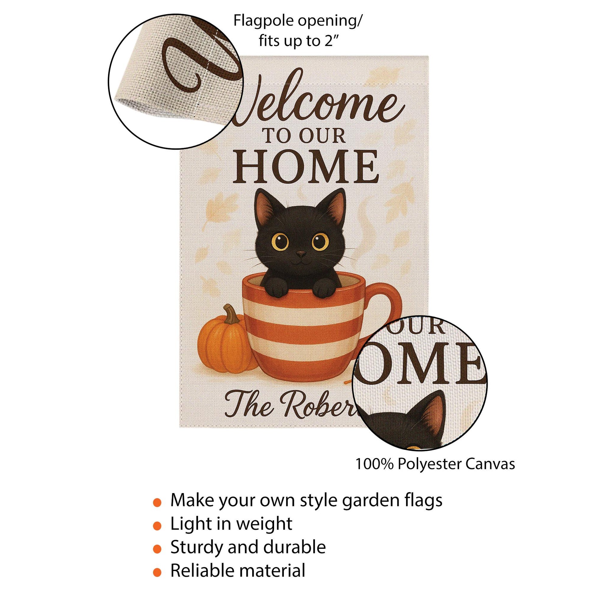 Welcome to Our Home Cat Garden Flag, Personalized Fall Pumpkin Cup Black Kitten Welcome Flag Outdoor Fall Decor, Cat Garden Flag