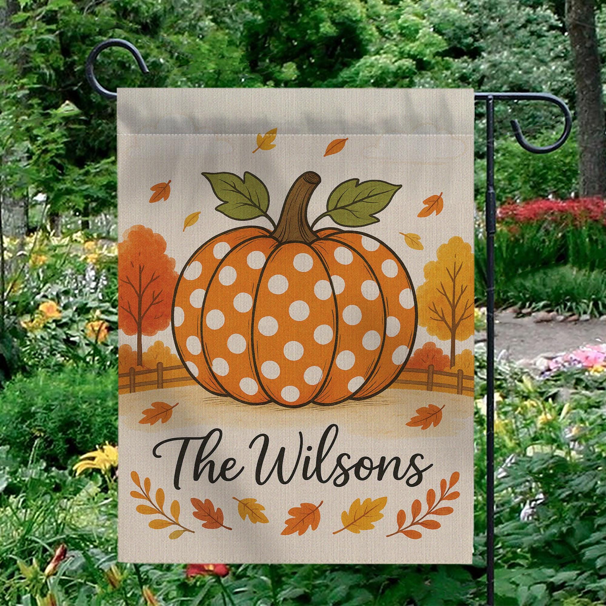 Polka Dot Pumpkin Garden Flag, Personalized Fall Yard Decor, Autumn Outdoor Welcome Sign, Custom Family Name Flag, Garden Flag