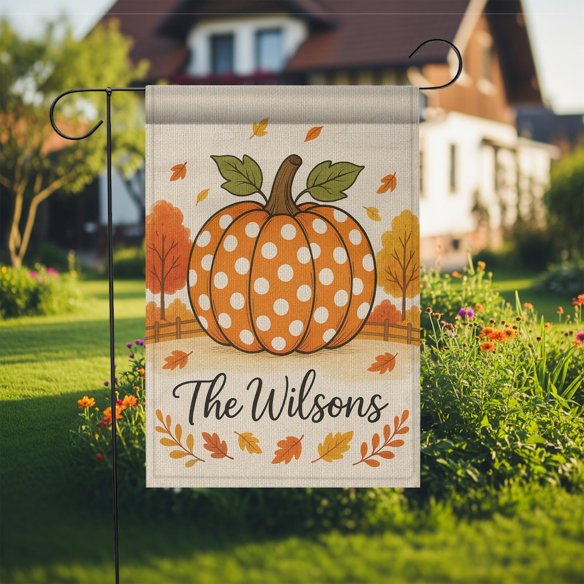 Polka Dot Pumpkin Garden Flag, Personalized Fall Yard Decor, Autumn Outdoor Welcome Sign, Custom Family Name Flag, Garden Flag