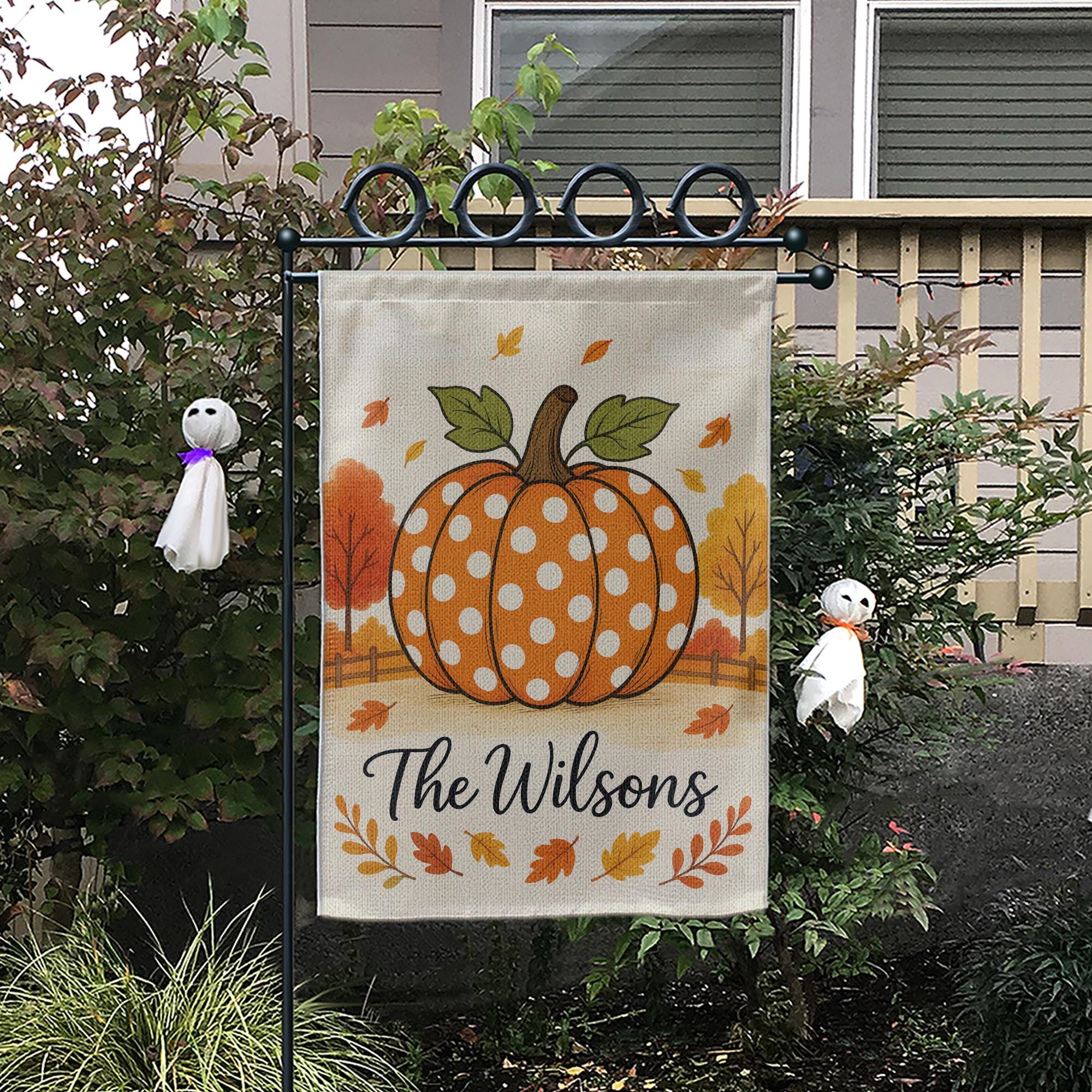 Polka Dot Pumpkin Garden Flag, Personalized Fall Yard Decor, Autumn Outdoor Welcome Sign, Custom Family Name Flag, Garden Flag