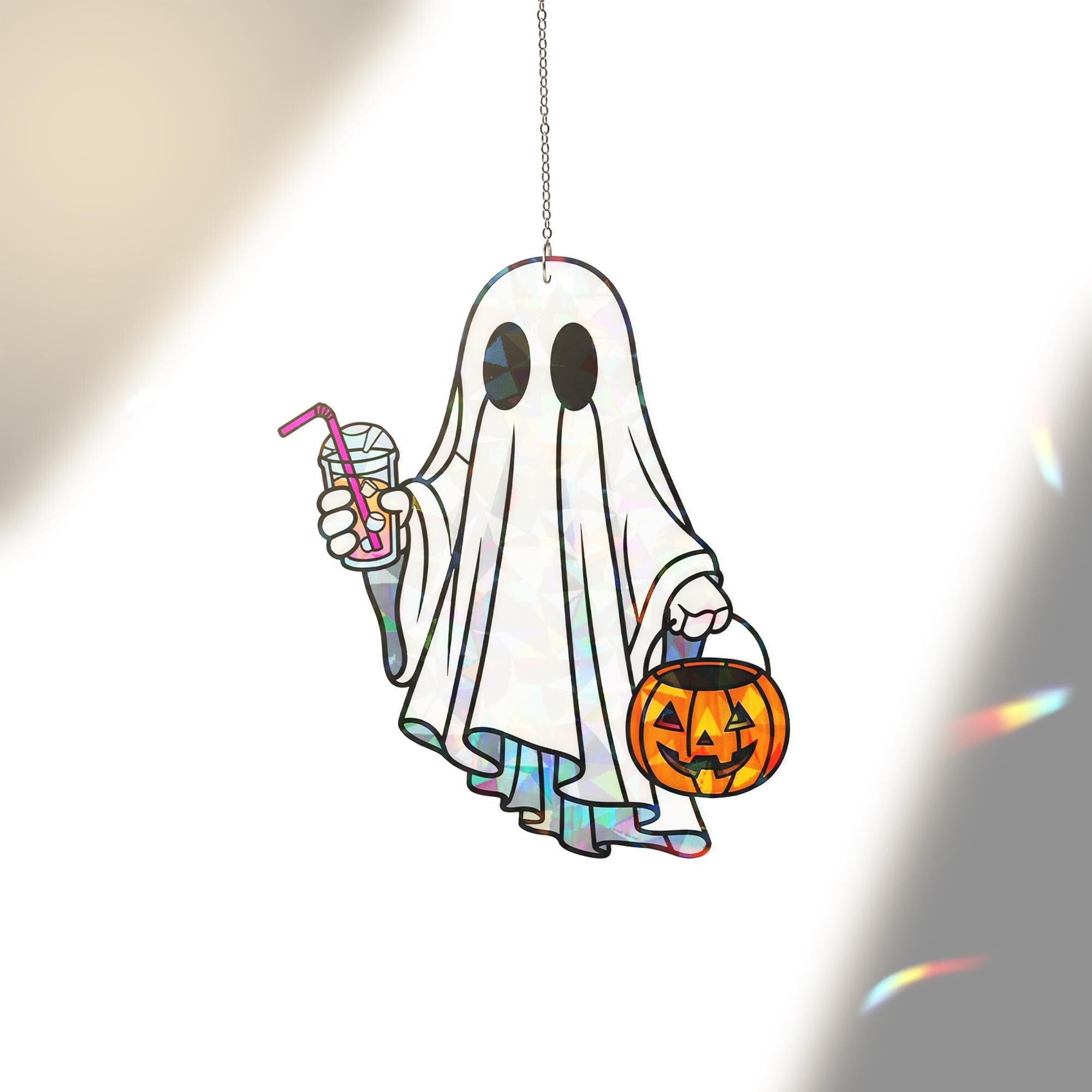 Hologram Ghost Window Hanging, Shimmering Acrylic Suncatcher, Halloween Ghost Decor, Light‑Catching Ghost Ornament, Suncatcher Style