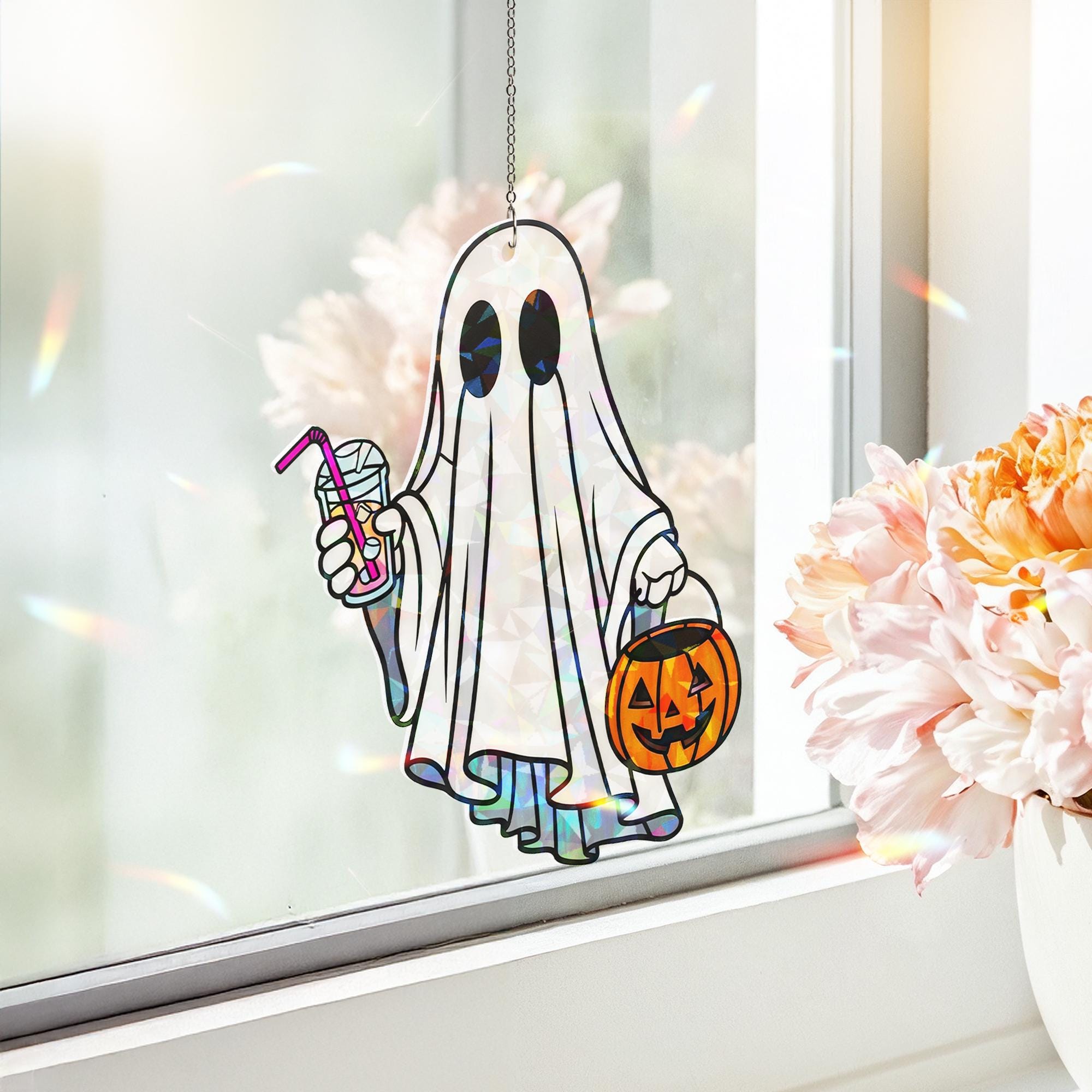Hologram Ghost Window Hanging, Shimmering Acrylic Suncatcher, Halloween Ghost Decor, Light‑Catching Ghost Ornament, Suncatcher Style