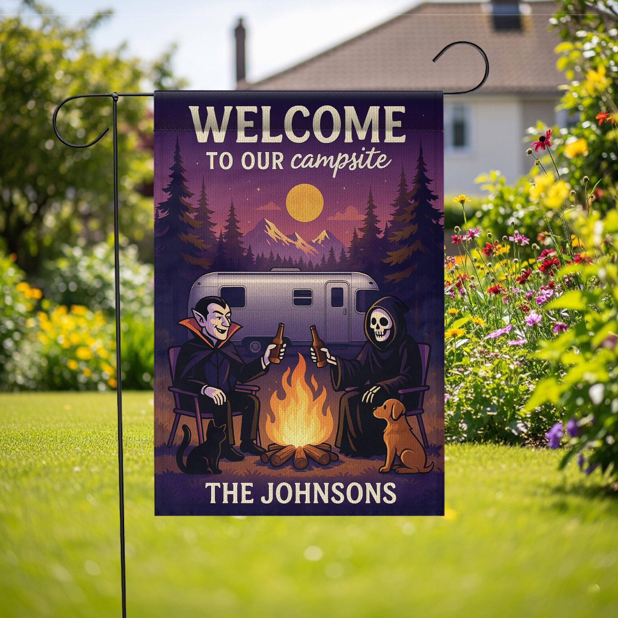 Welcome to Our Campsite Garden Flag, Halloween Garden Flag, Personalized Halloween Campfire Flag, Yard Decor, Family Name