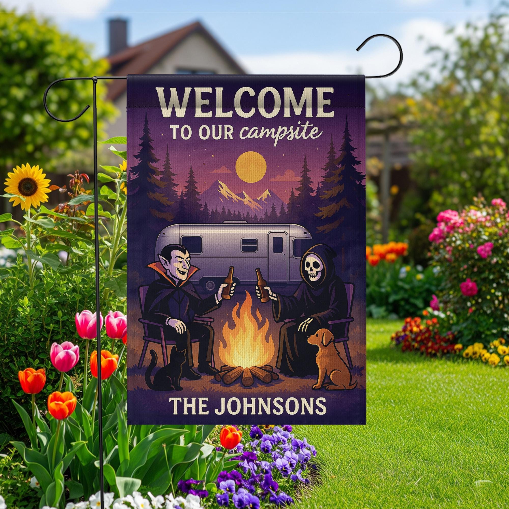 Welcome to Our Campsite Garden Flag, Halloween Garden Flag, Personalized Halloween Campfire Flag, Yard Decor, Family Name