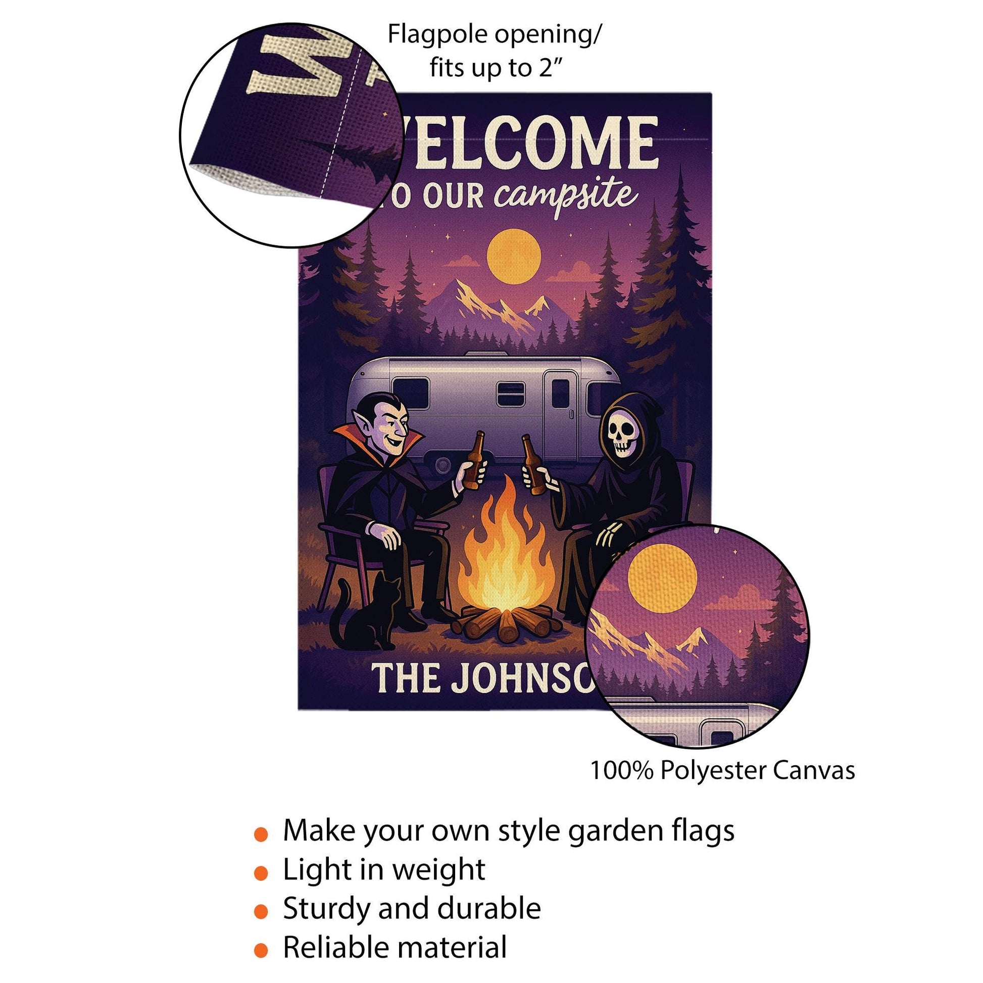 Welcome to Our Campsite Garden Flag, Halloween Garden Flag, Personalized Halloween Campfire Flag, Yard Decor, Family Name