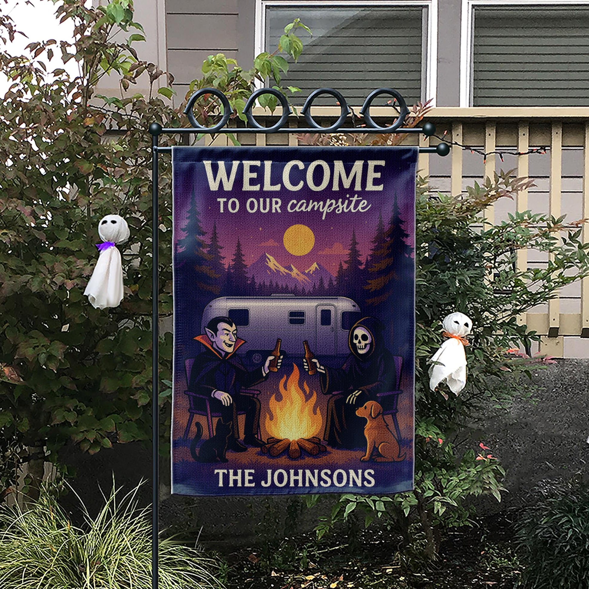 Welcome to Our Campsite Garden Flag, Halloween Garden Flag, Personalized Halloween Campfire Flag, Yard Decor, Family Name