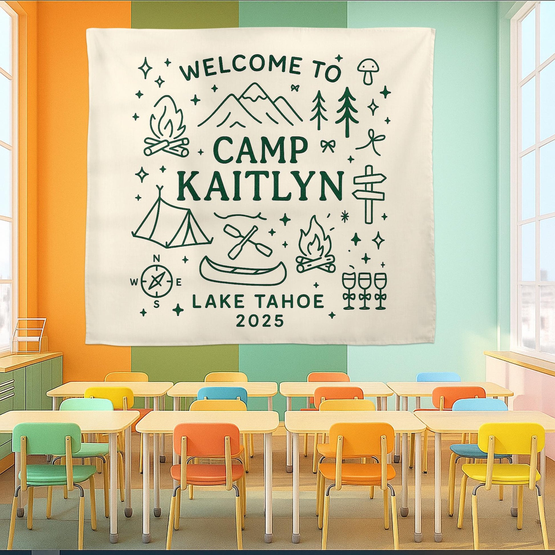 Welcome to Camp Personalized Tapestry, Custom Name Wall Hanging, Camping Cabin Decor, Lake Tahoe Camp Sign, Adventure Keepsake