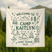 Welcome to Camp Personalized Tapestry, Custom Name Wall Hanging, Camping Cabin Decor, Lake Tahoe Camp Sign, Adventure Keepsake