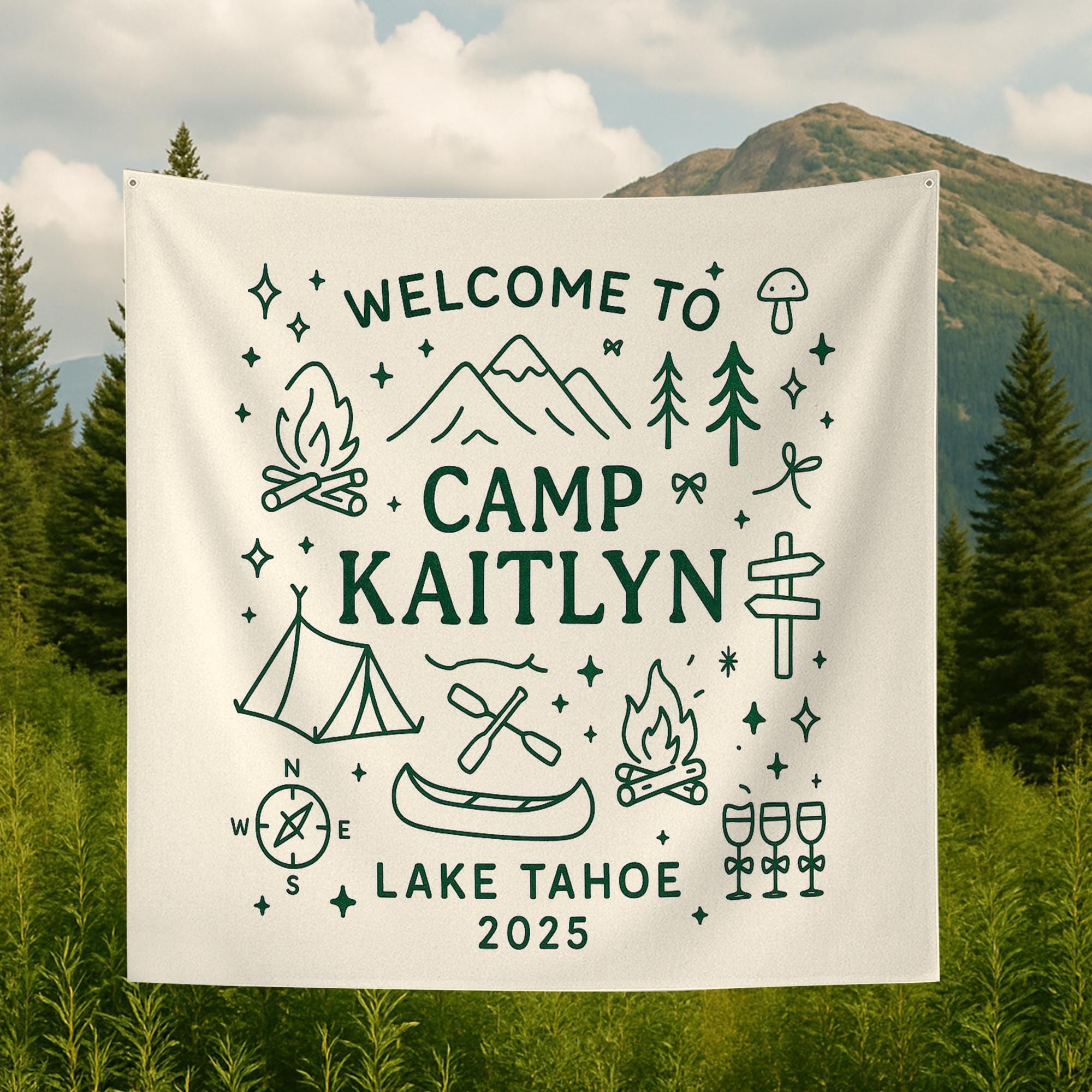 Welcome to Camp Personalized Tapestry, Custom Name Wall Hanging, Camping Cabin Decor, Lake Tahoe Camp Sign, Adventure Keepsake