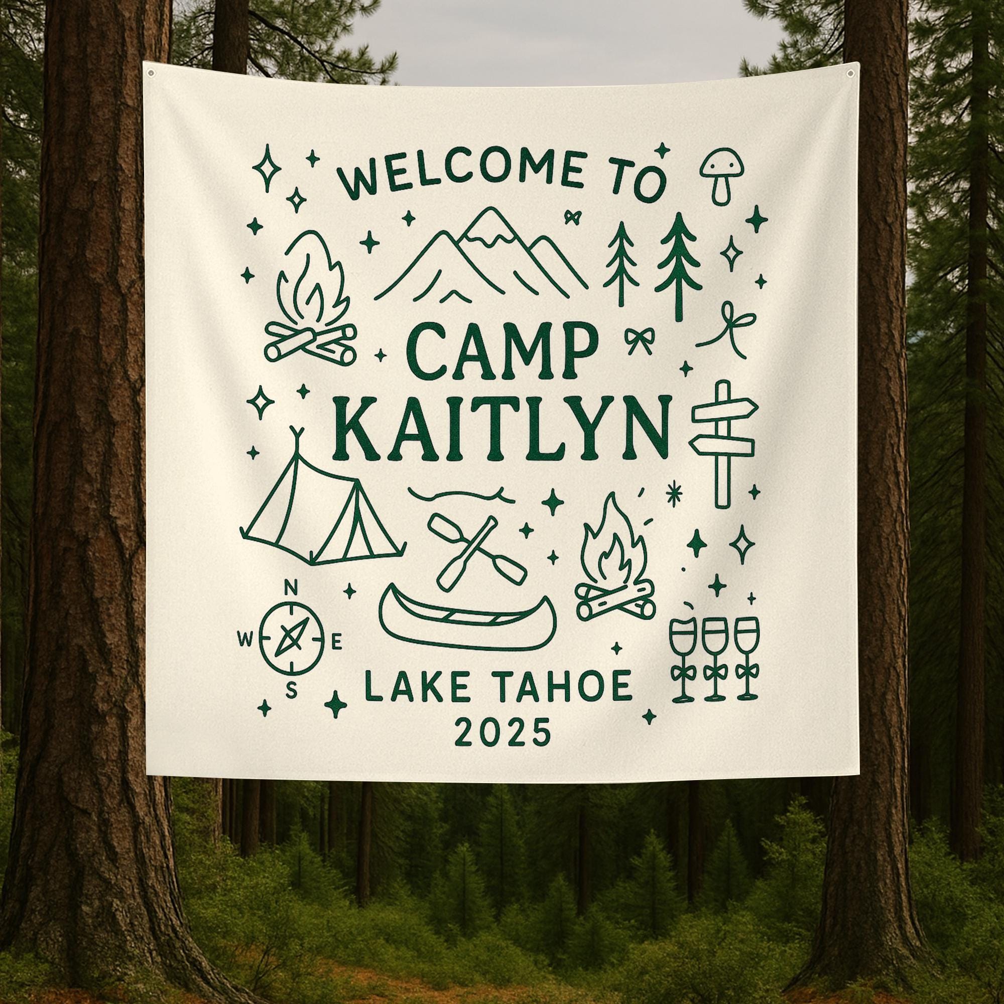 Welcome to Camp Personalized Tapestry, Custom Name Wall Hanging, Camping Cabin Decor, Lake Tahoe Camp Sign, Adventure Keepsake