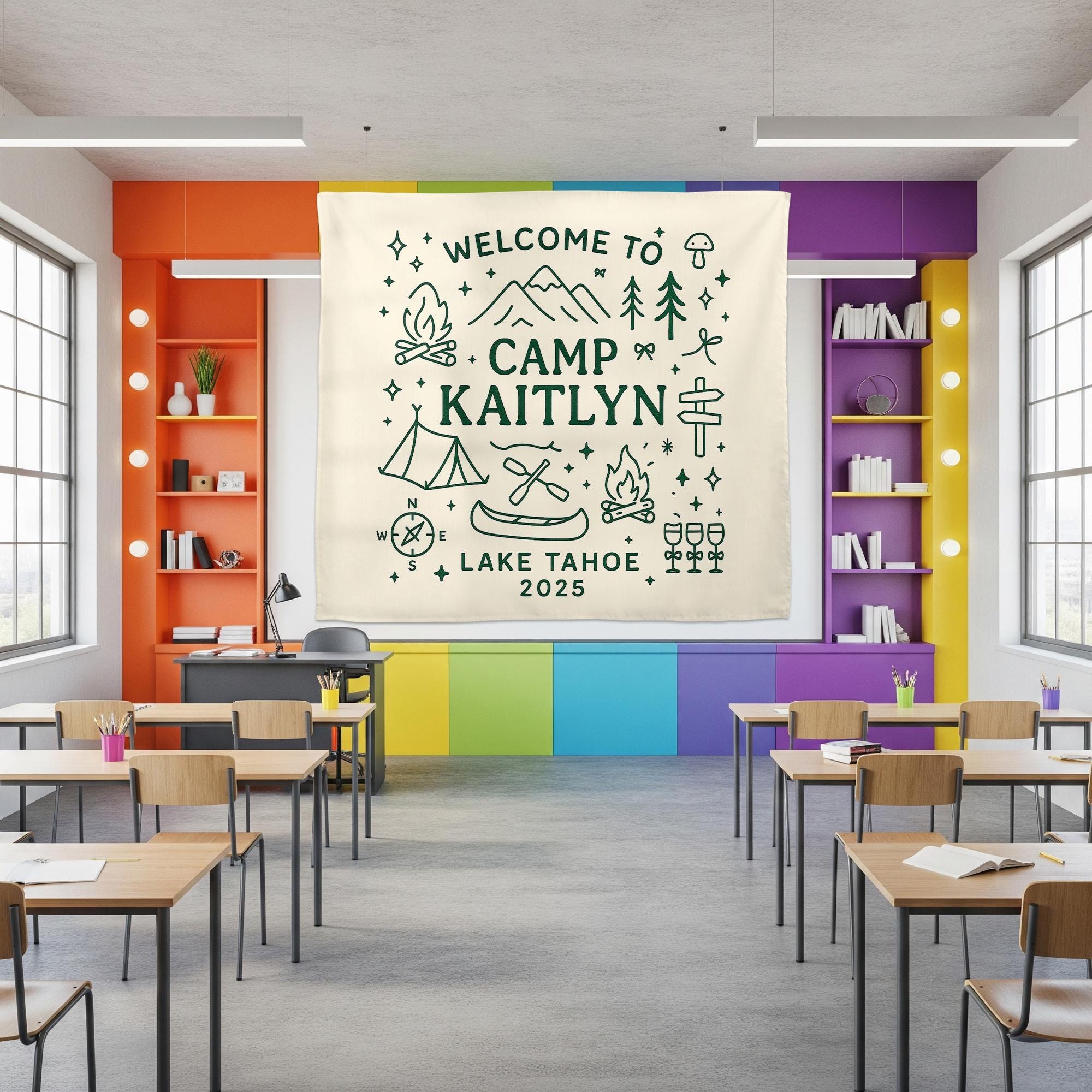Welcome to Camp Personalized Tapestry, Custom Name Wall Hanging, Camping Cabin Decor, Lake Tahoe Camp Sign, Adventure Keepsake