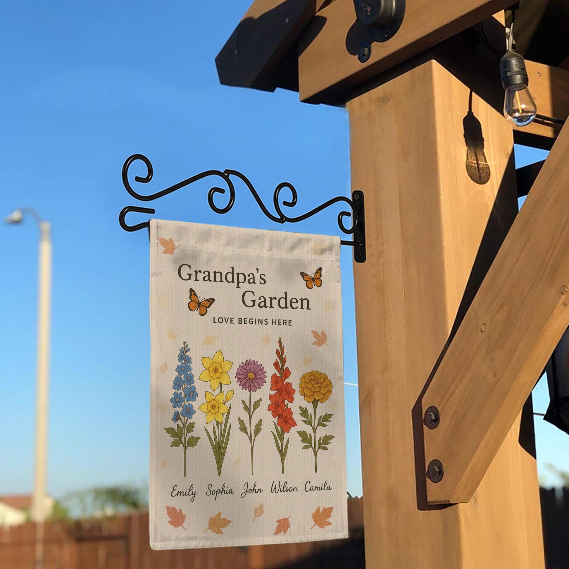 Grandpa’s Garden Flag, Personalized with Names & Flowers, Custom Grandkids Flag, Love Begins Here Yard Decor