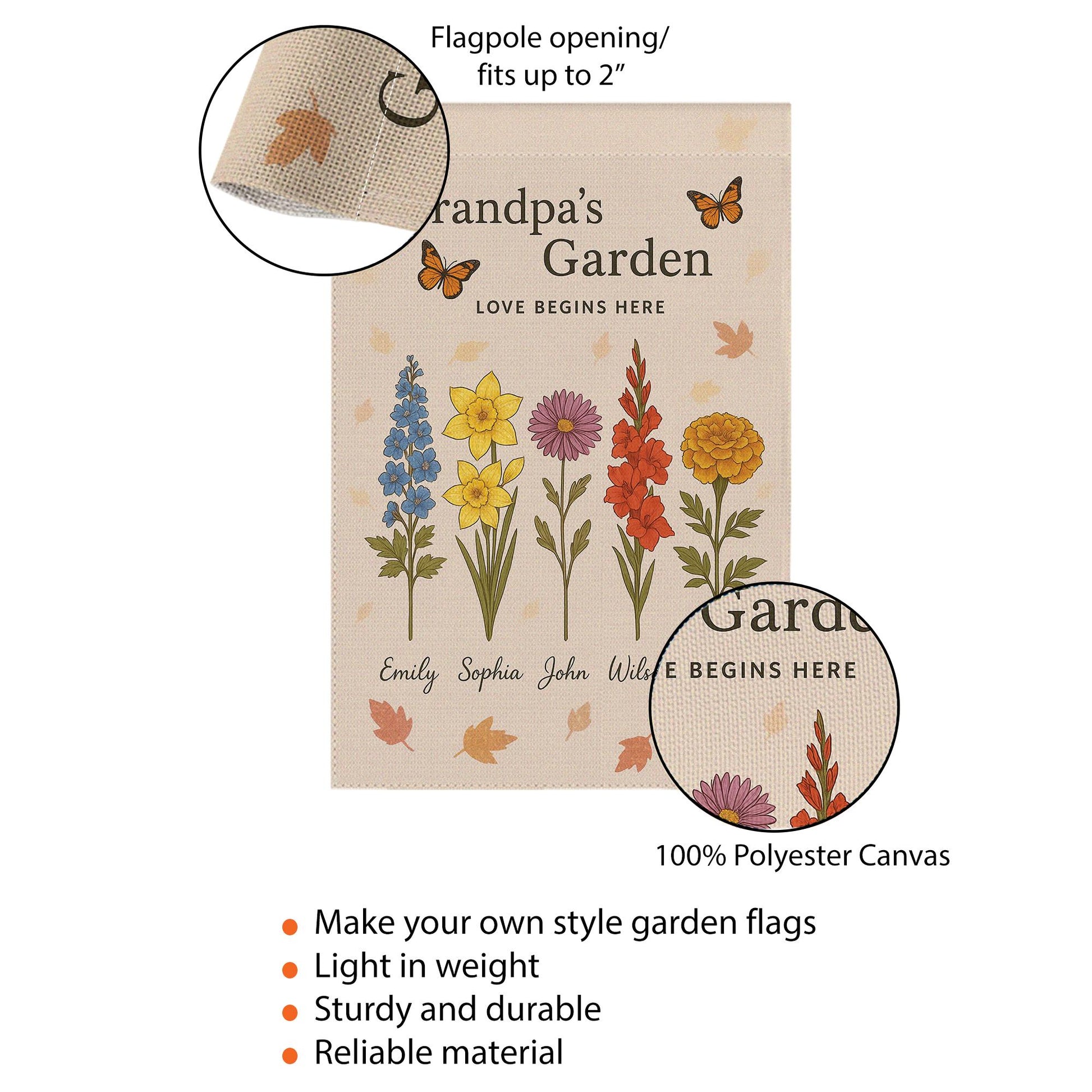 Grandpa’s Garden Flag, Personalized with Names & Flowers, Custom Grandkids Flag, Love Begins Here Yard Decor
