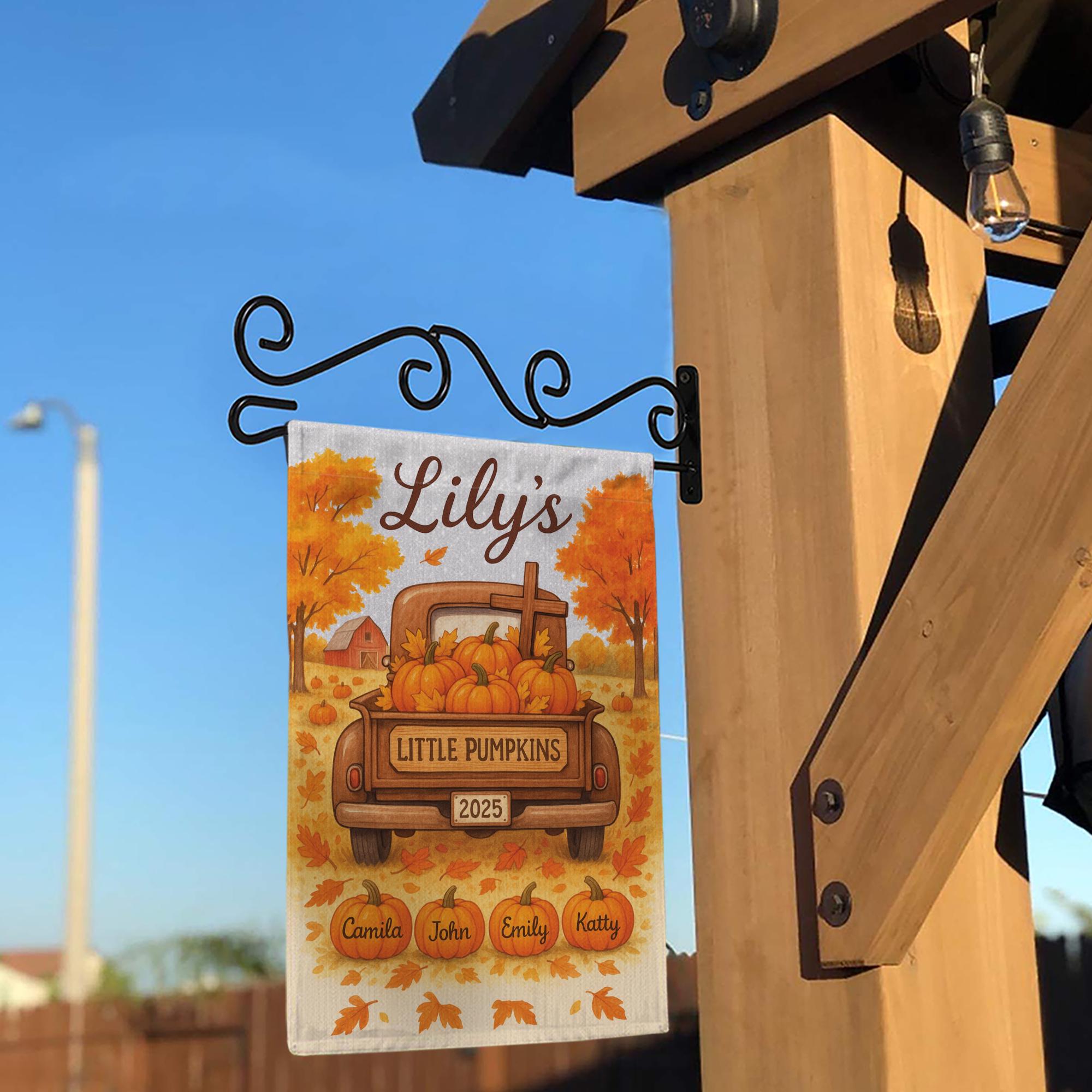 Little Pumpkins Garden Flag, Custom Autumn Name Flag, Personalized Fall Yard Decor with Kids’ Names, Pumpkins & Truck Sign