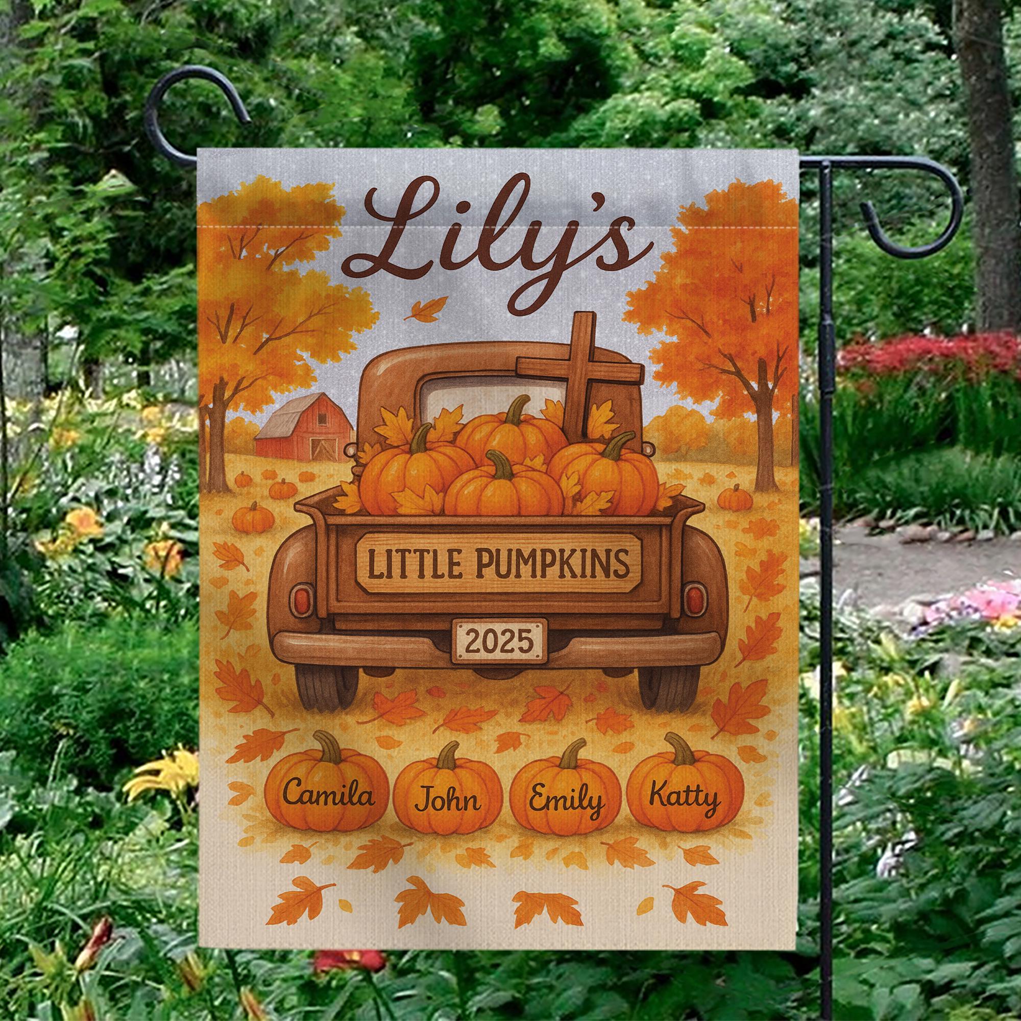 Little Pumpkins Garden Flag, Custom Autumn Name Flag, Personalized Fall Yard Decor with Kids’ Names, Pumpkins & Truck Sign
