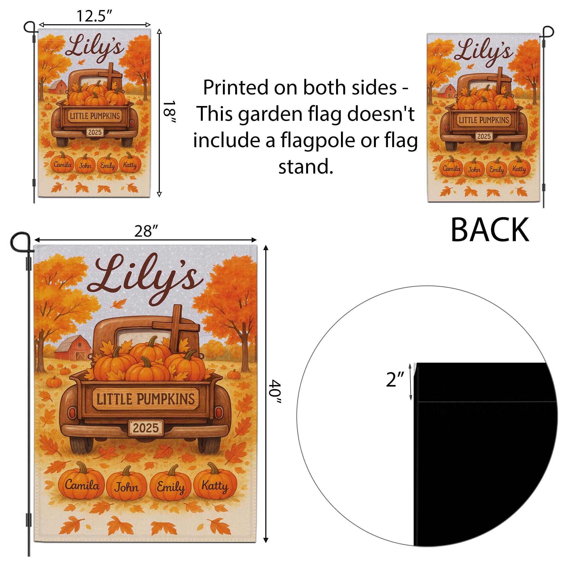 Little Pumpkins Garden Flag, Custom Autumn Name Flag, Personalized Fall Yard Decor with Kids’ Names, Pumpkins & Truck Sign