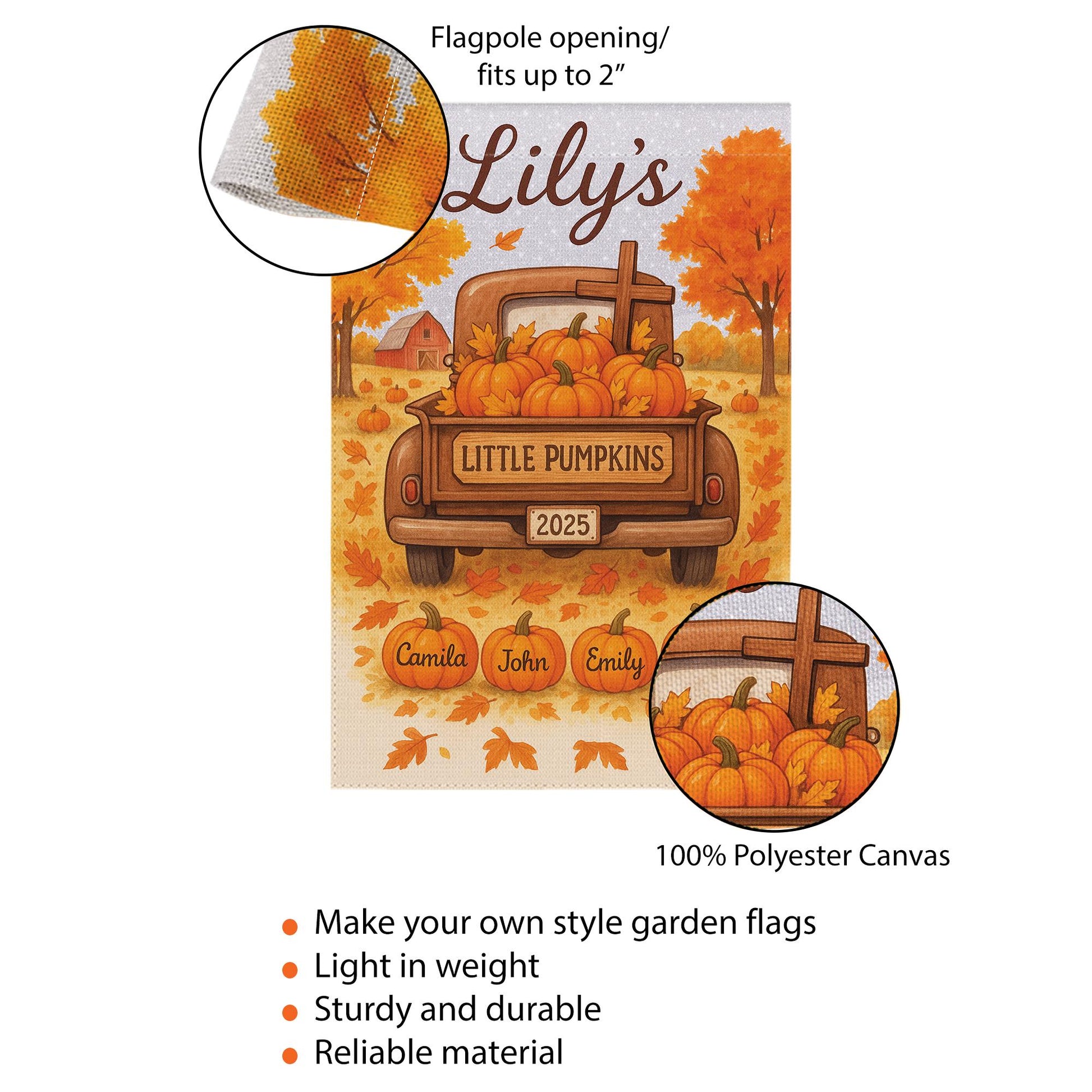 Little Pumpkins Garden Flag, Custom Autumn Name Flag, Personalized Fall Yard Decor with Kids’ Names, Pumpkins & Truck Sign