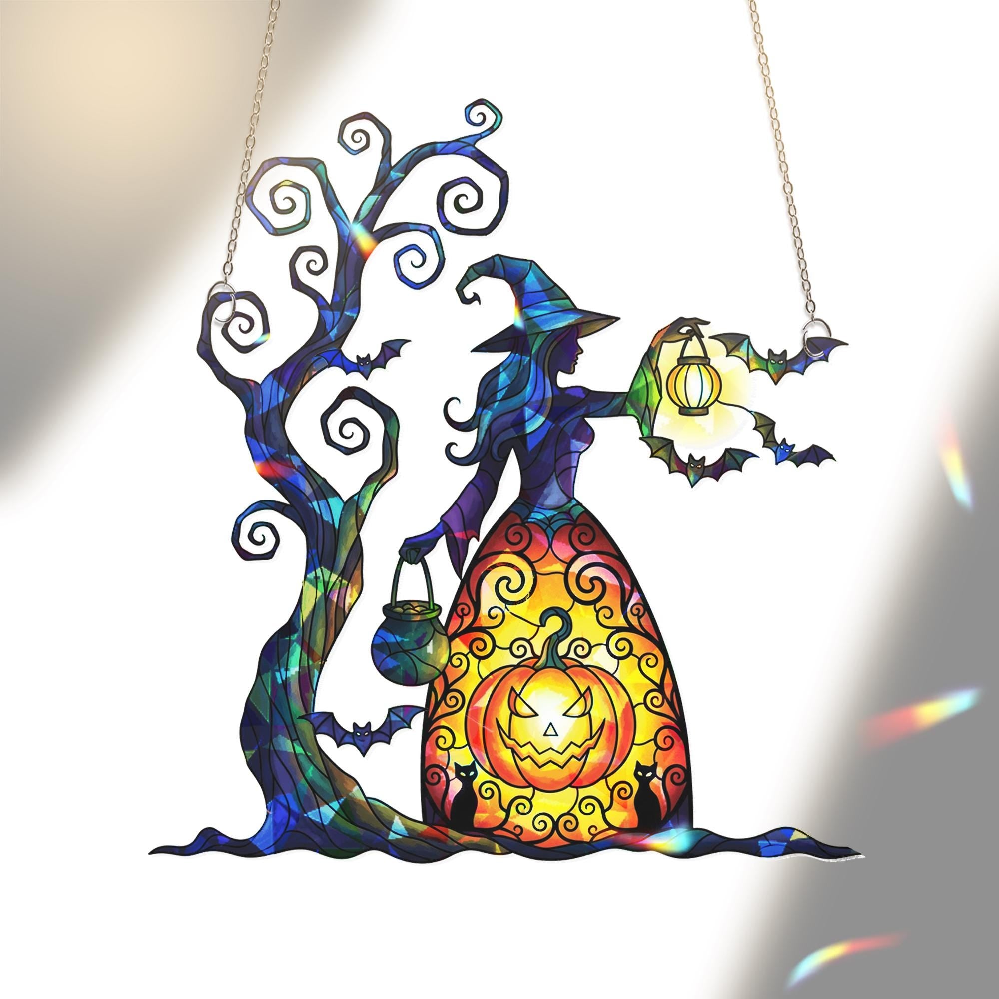 Halloween Witch Pumpkin Acrylic Suncatcher, Home Decor Window Hanging, Spooky Fall Decor With Tree And Bats, Home Decor Hanger