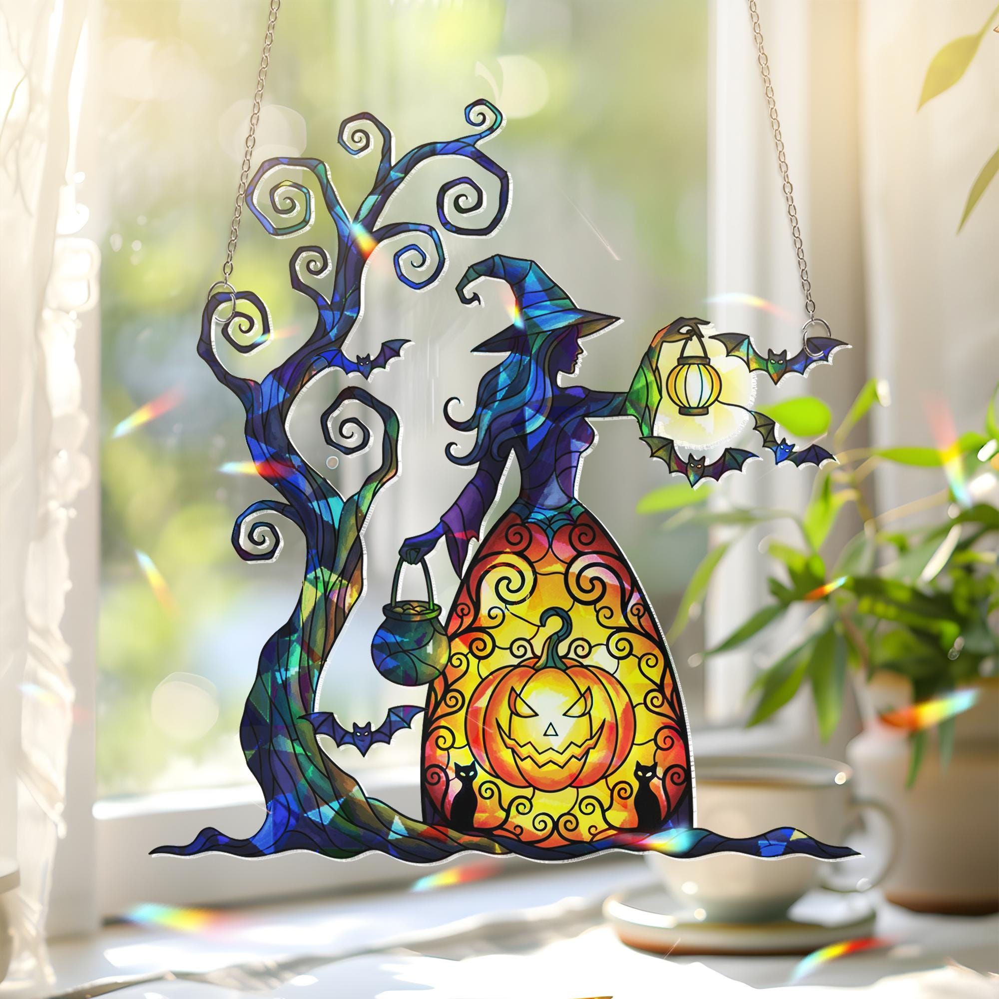 Halloween Witch Pumpkin Acrylic Suncatcher, Home Decor Window Hanging, Spooky Fall Decor With Tree And Bats, Home Decor Hanger
