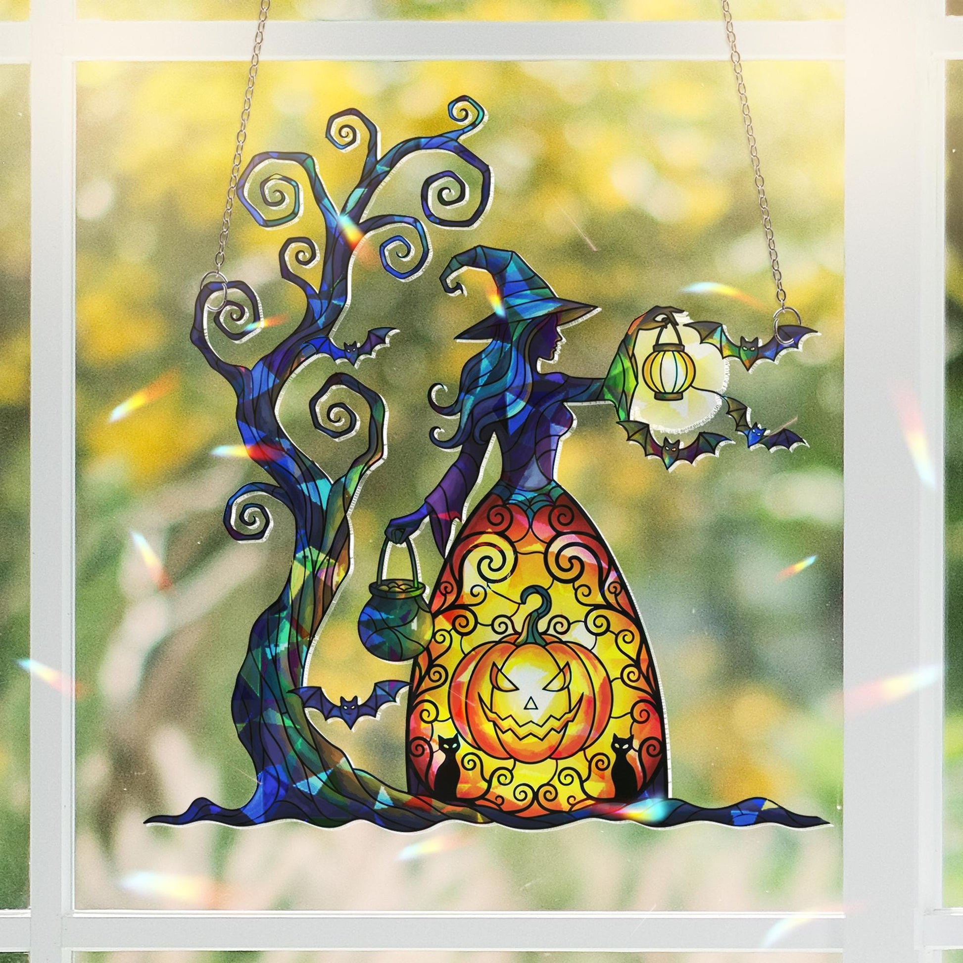 Halloween Witch Pumpkin Acrylic Suncatcher, Home Decor Window Hanging, Spooky Fall Decor With Tree And Bats, Home Decor Hanger