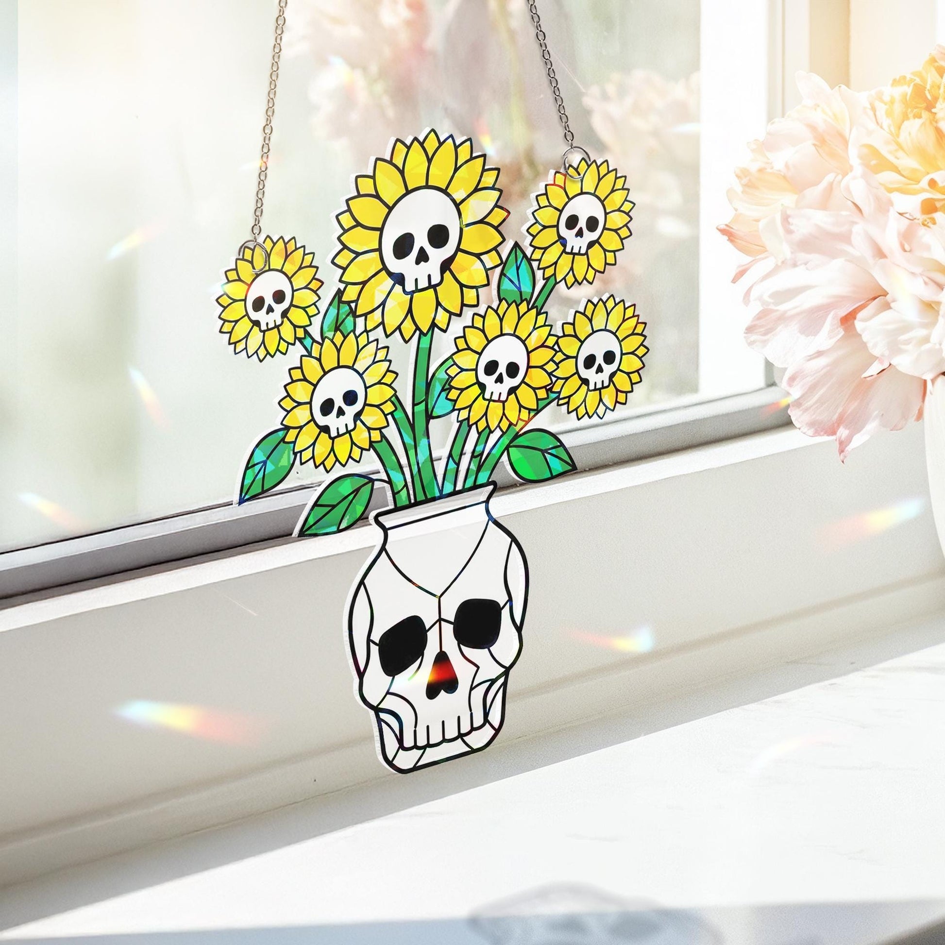 Skull Sunflower Acrylic Suncatcher, Suncatcher Spooky Flower Window Hanging, Gothic Halloween Home Decor, Halloween Decor Gift