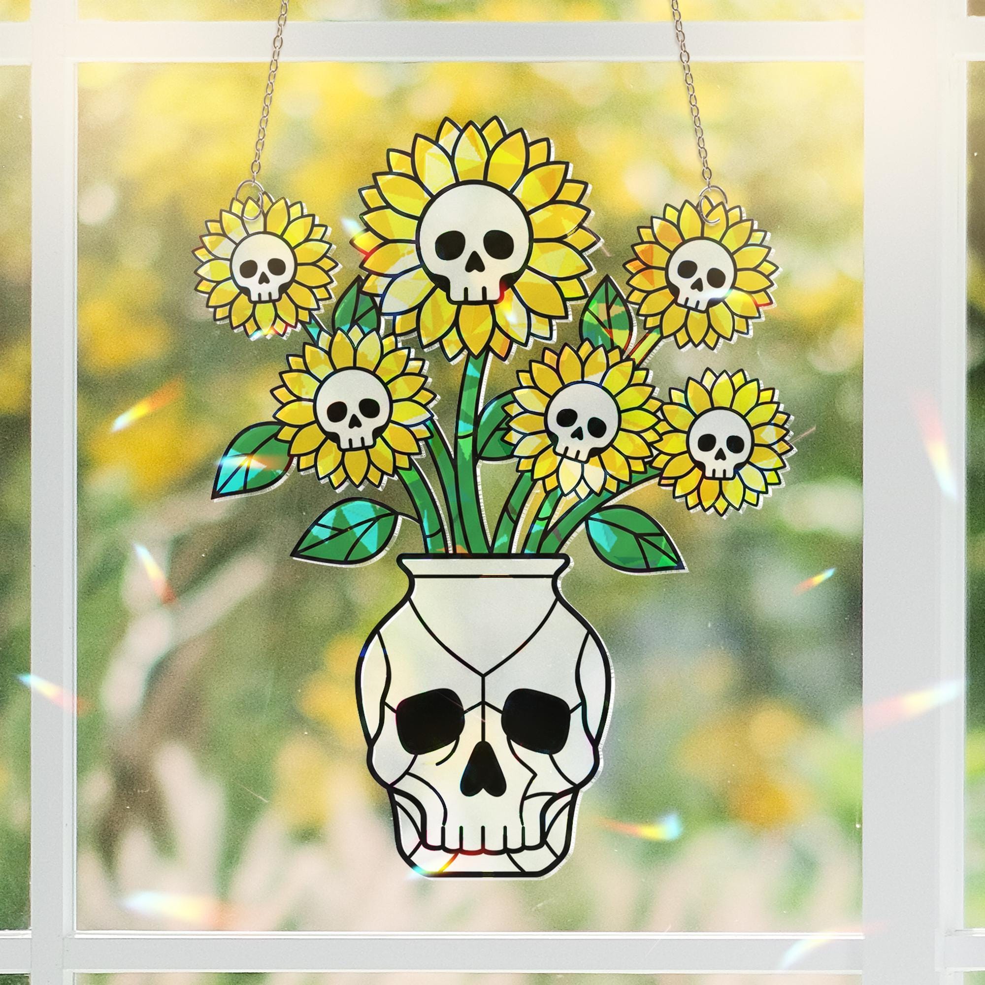 Skull Sunflower Acrylic Suncatcher, Suncatcher Spooky Flower Window Hanging, Gothic Halloween Home Decor, Halloween Decor Gift