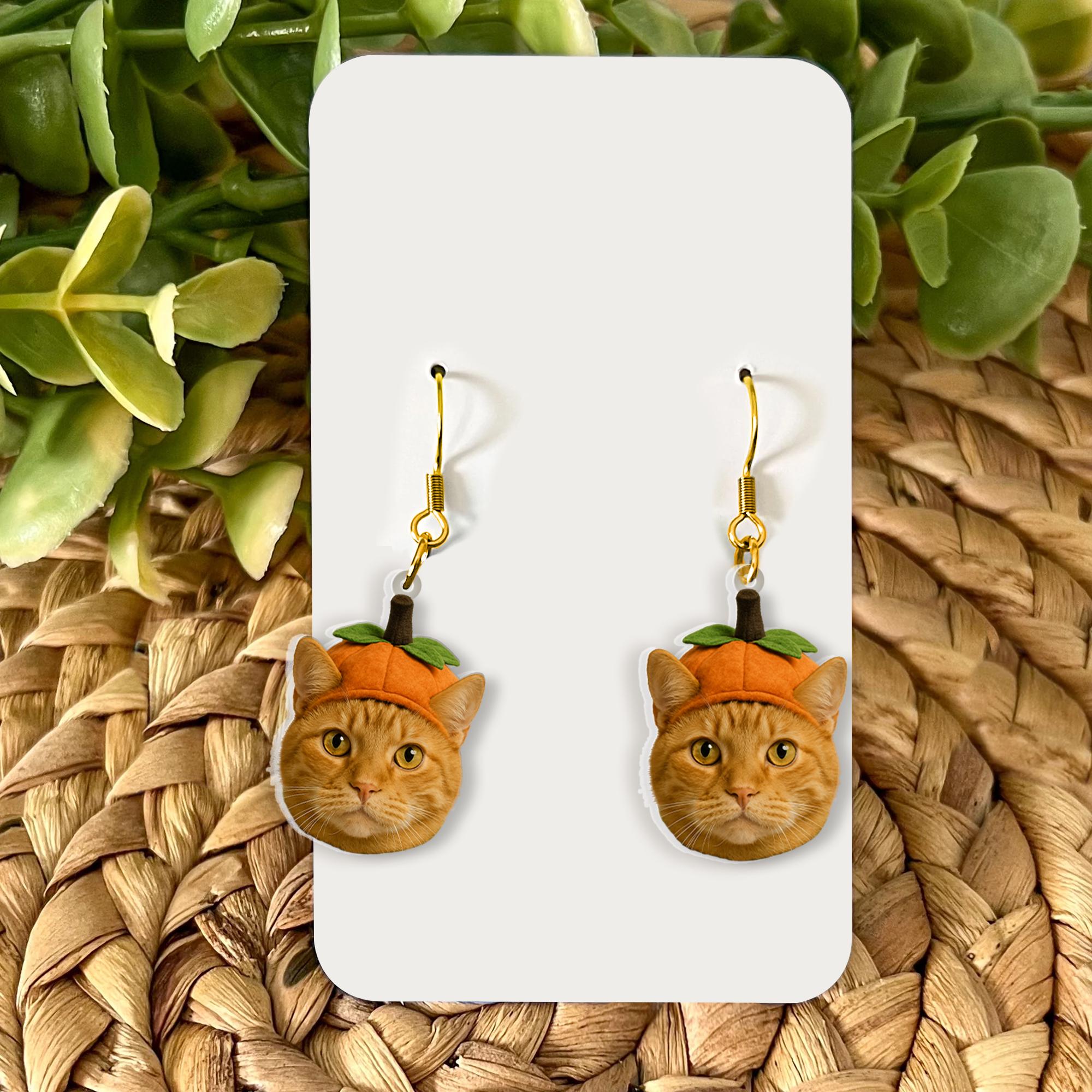 Custom Pet Photo Earrings – Personalized Cat or Dog Jewelry – Funny Fall Earrings – Pet Lover Gift – Halloween Pet Keepsake