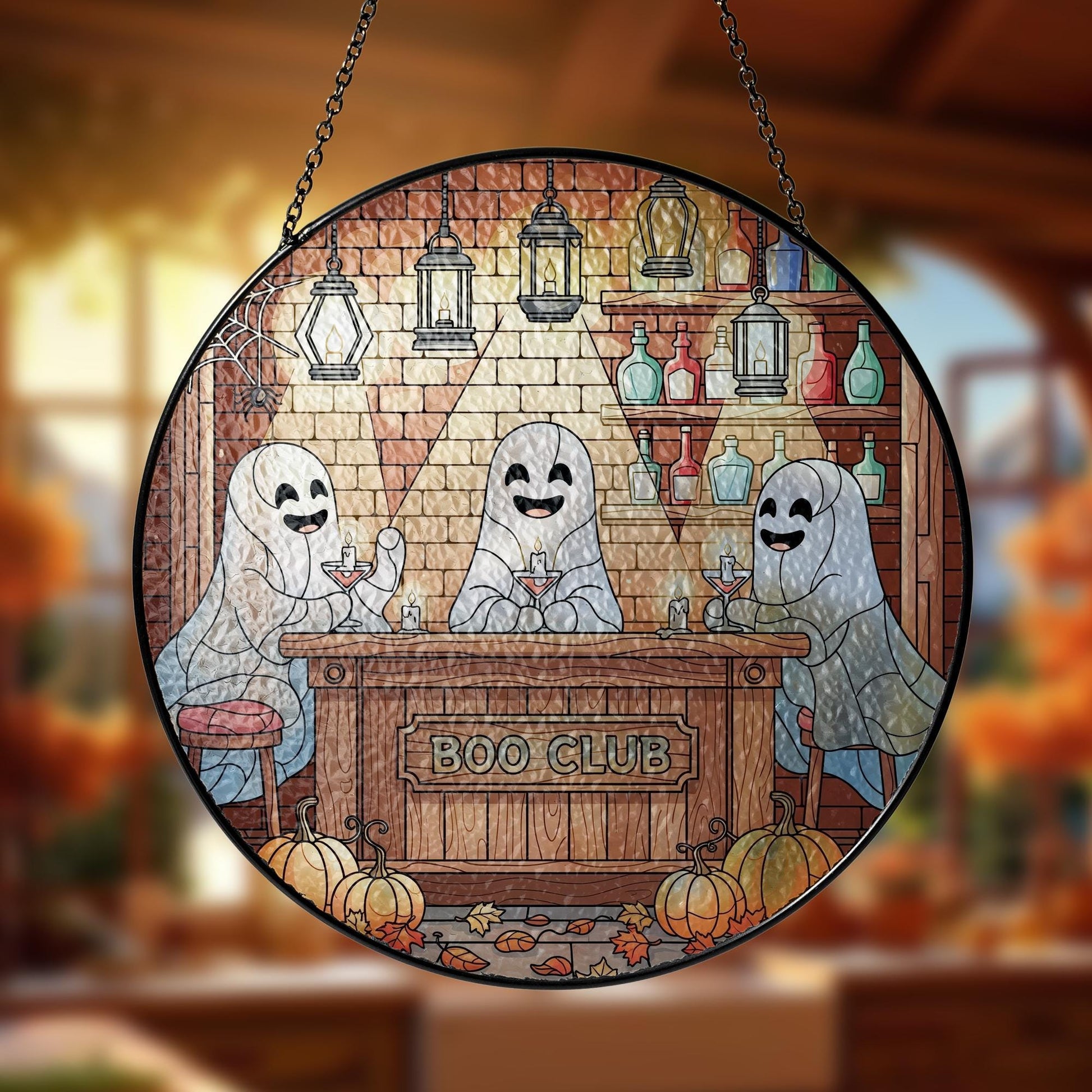Boo Club Ghost Bar Glass Suncatcher, Stained Glass Style Halloween Window Hanging, Spooky Cocktail Party Home Decor, Kitchen Decor