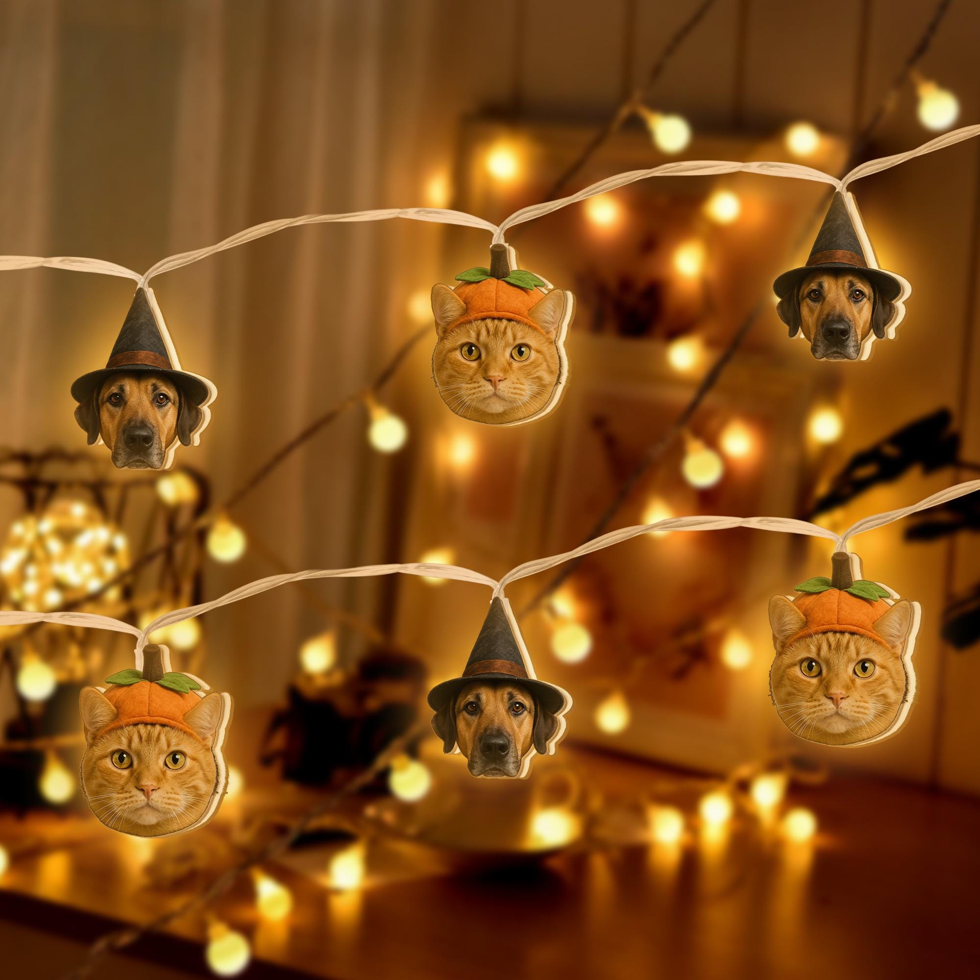 Custom Pet Face String Lights – Halloween Cat Dog Decor – Personalized Pet Photo Fairy Lights – Funny Pet Gift for Dog or Cat Lovers