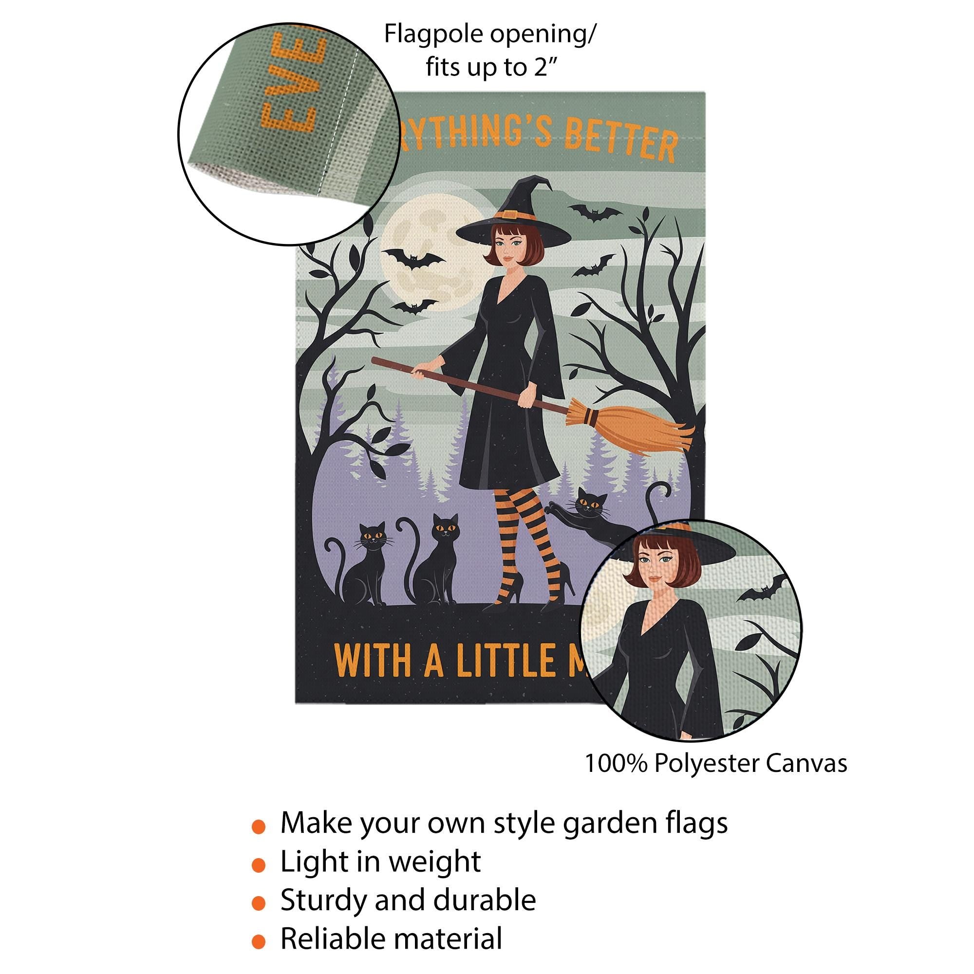 Everything's Better With A Little Magic Halloween Garden Flag | Witch & Black Cats Broom Decor