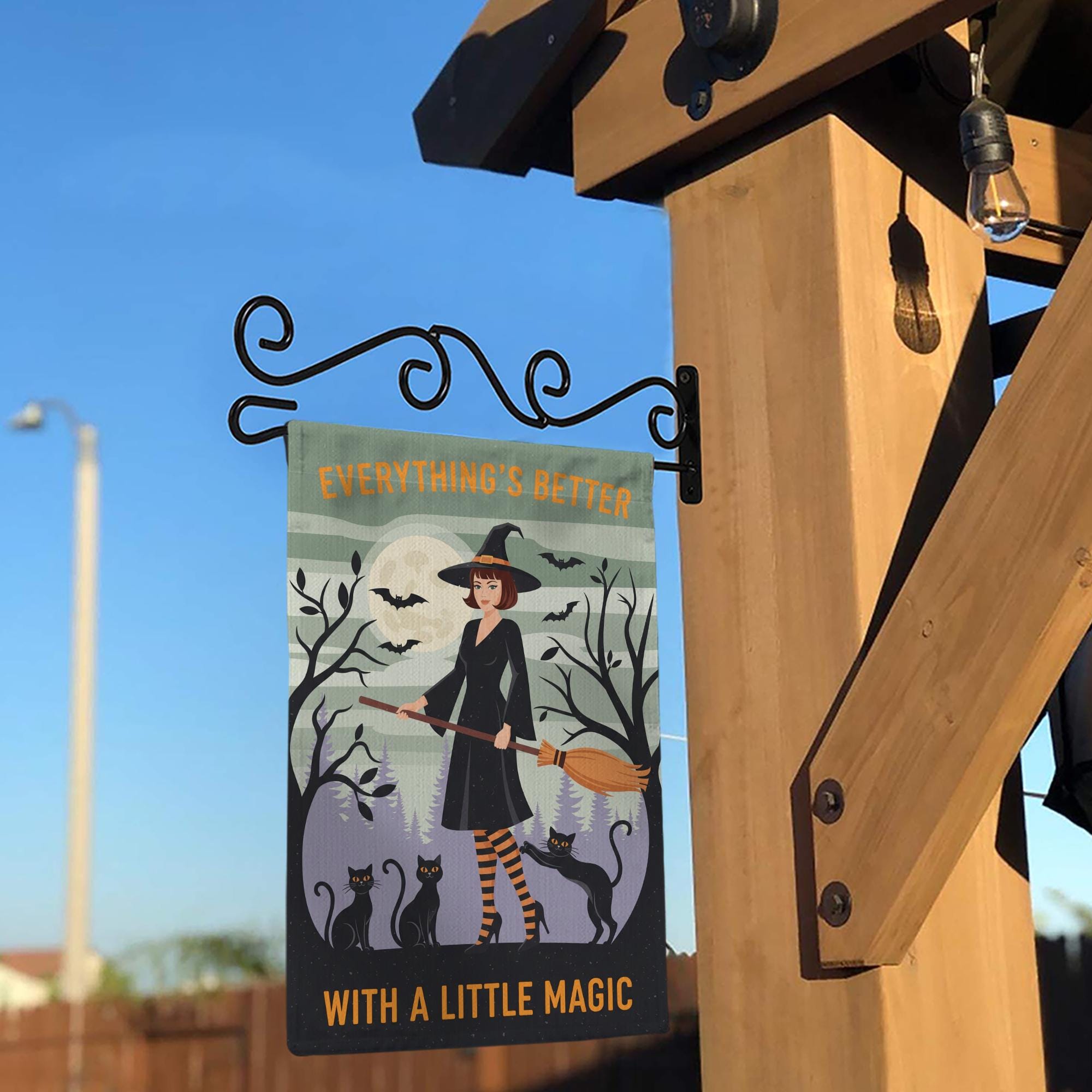 Everything's Better With A Little Magic Halloween Garden Flag | Witch & Black Cats Broom Decor