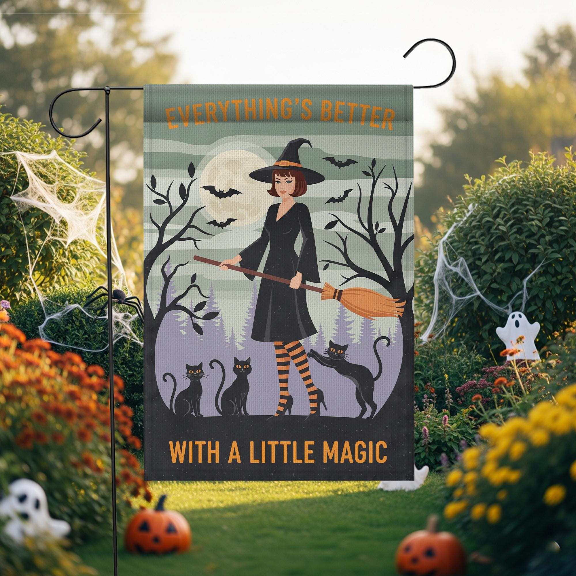 Everything's Better With A Little Magic Halloween Garden Flag | Witch & Black Cats Broom Decor
