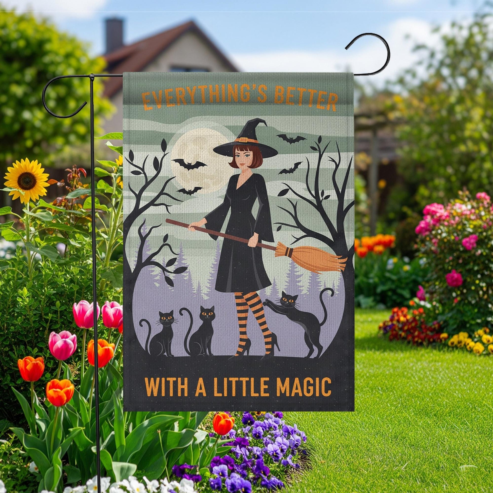 Everything's Better With A Little Magic Halloween Garden Flag | Witch & Black Cats Broom Decor