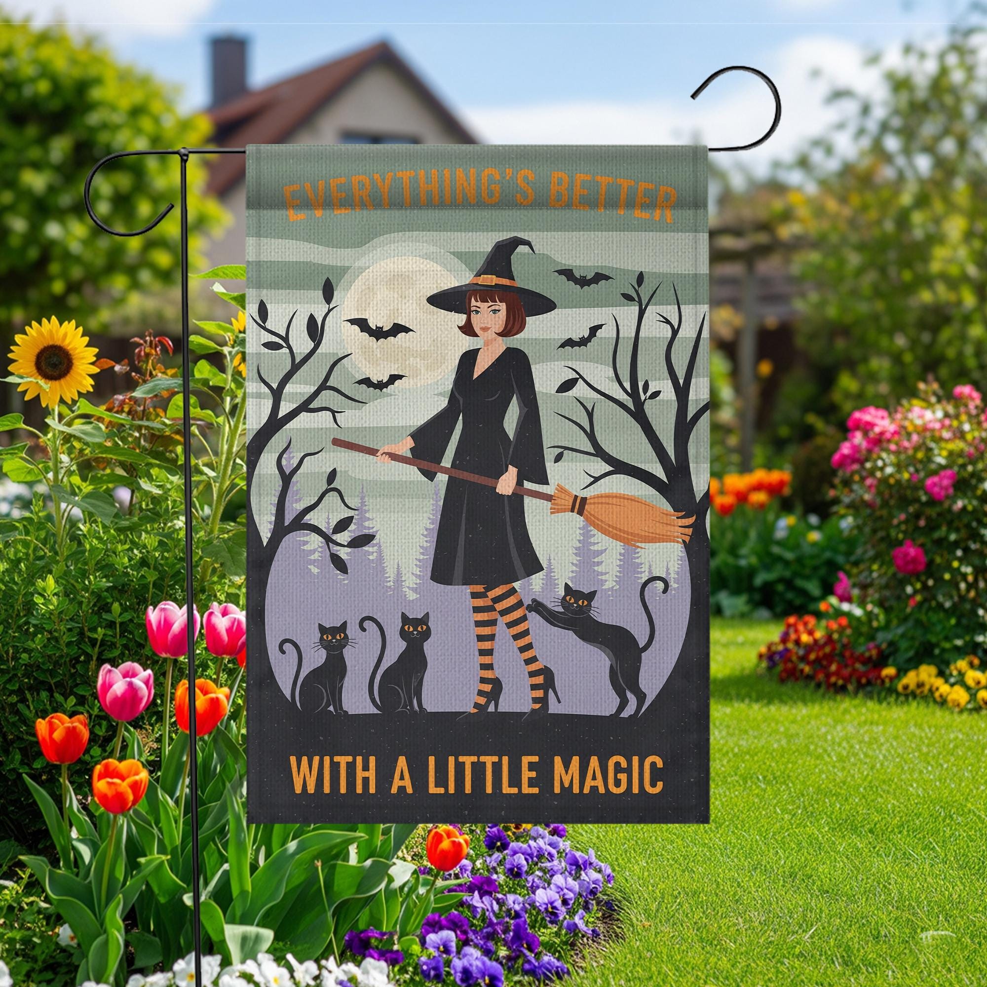 Everything's Better With A Little Magic Halloween Garden Flag | Witch & Black Cats Broom Decor