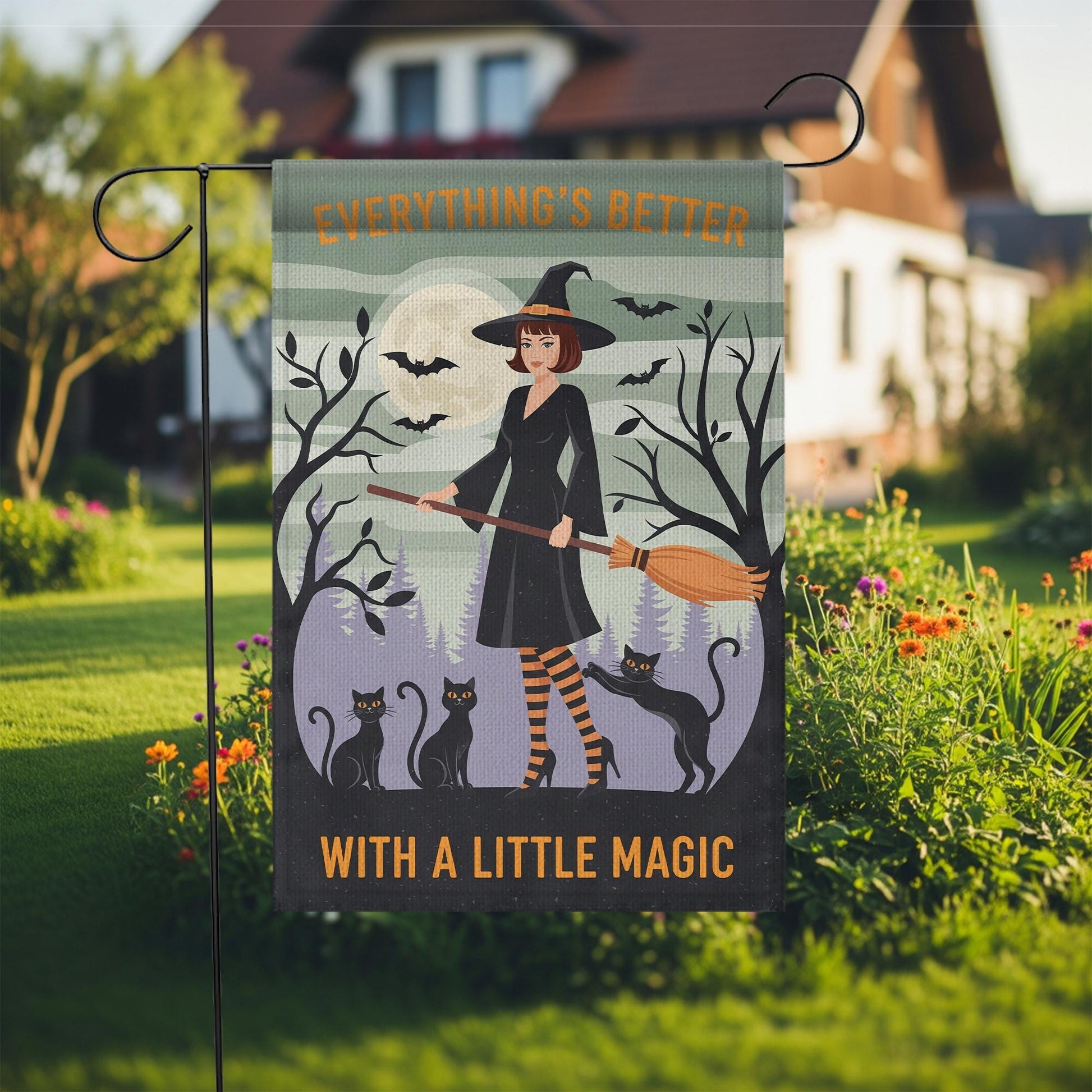 Everything's Better With A Little Magic Halloween Garden Flag | Witch & Black Cats Broom Decor